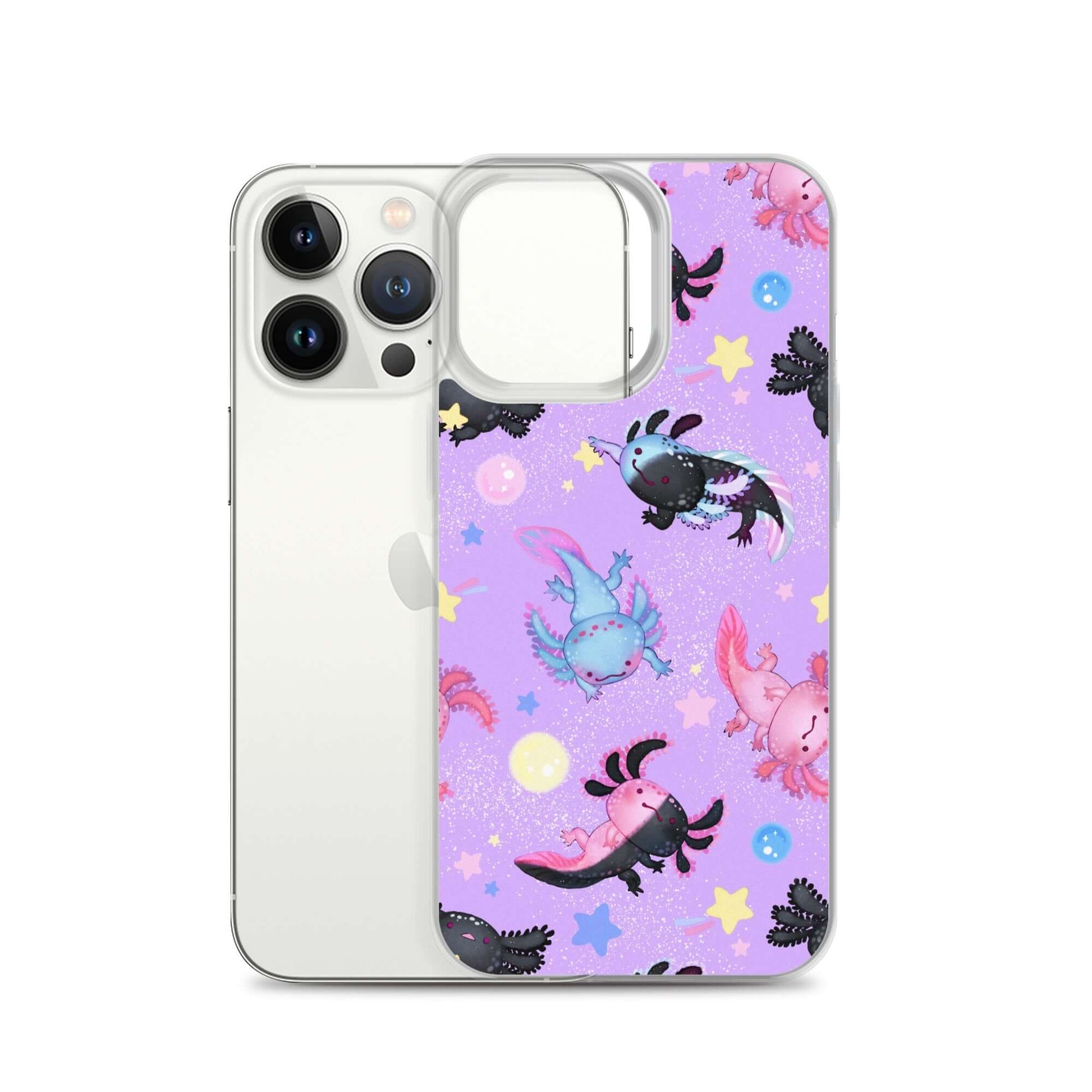 Colorful Axolotl iPhone® Clear Case showcasing protection against scratches and dust, perfect for your device.