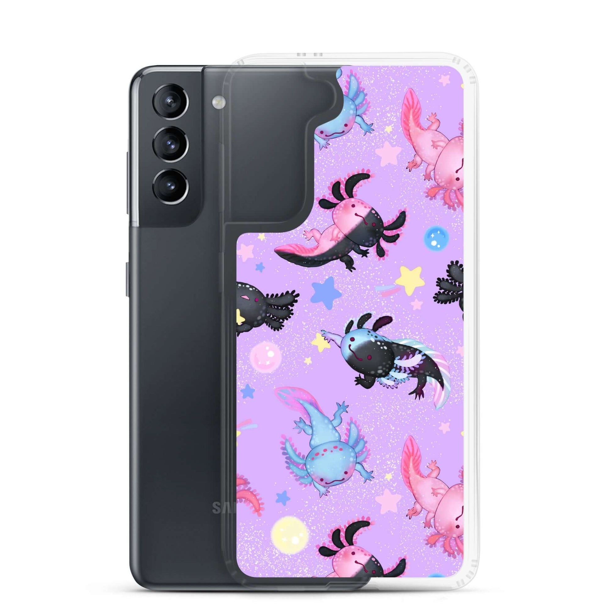 Colorful Axolotl Samsung® Clear Case showcases playful designs, protecting your phone while expressing your love for axolotls.