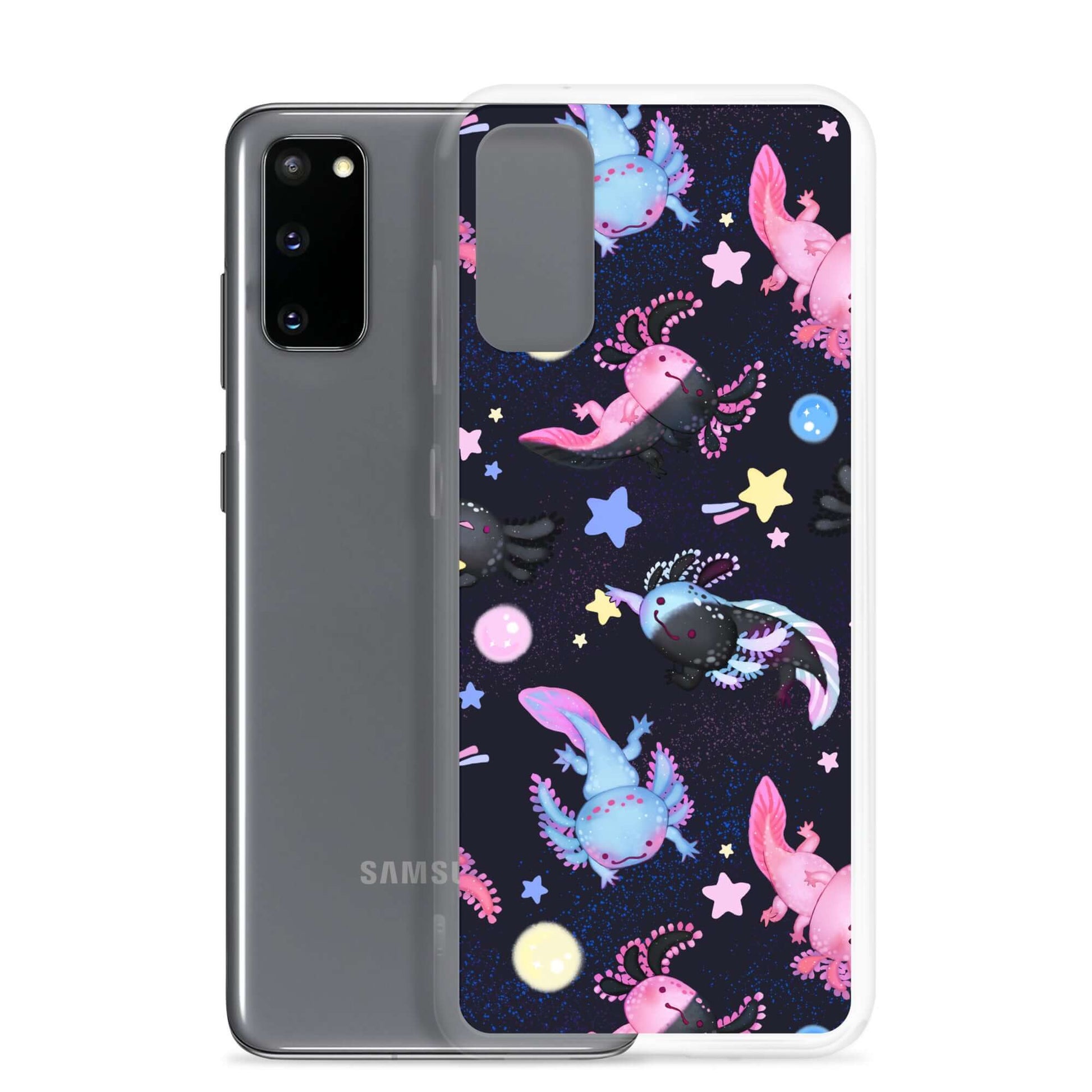 Protect your Samsung with the stylish Axolotl Samsung® Clear Case featuring colorful axolotls and stars.