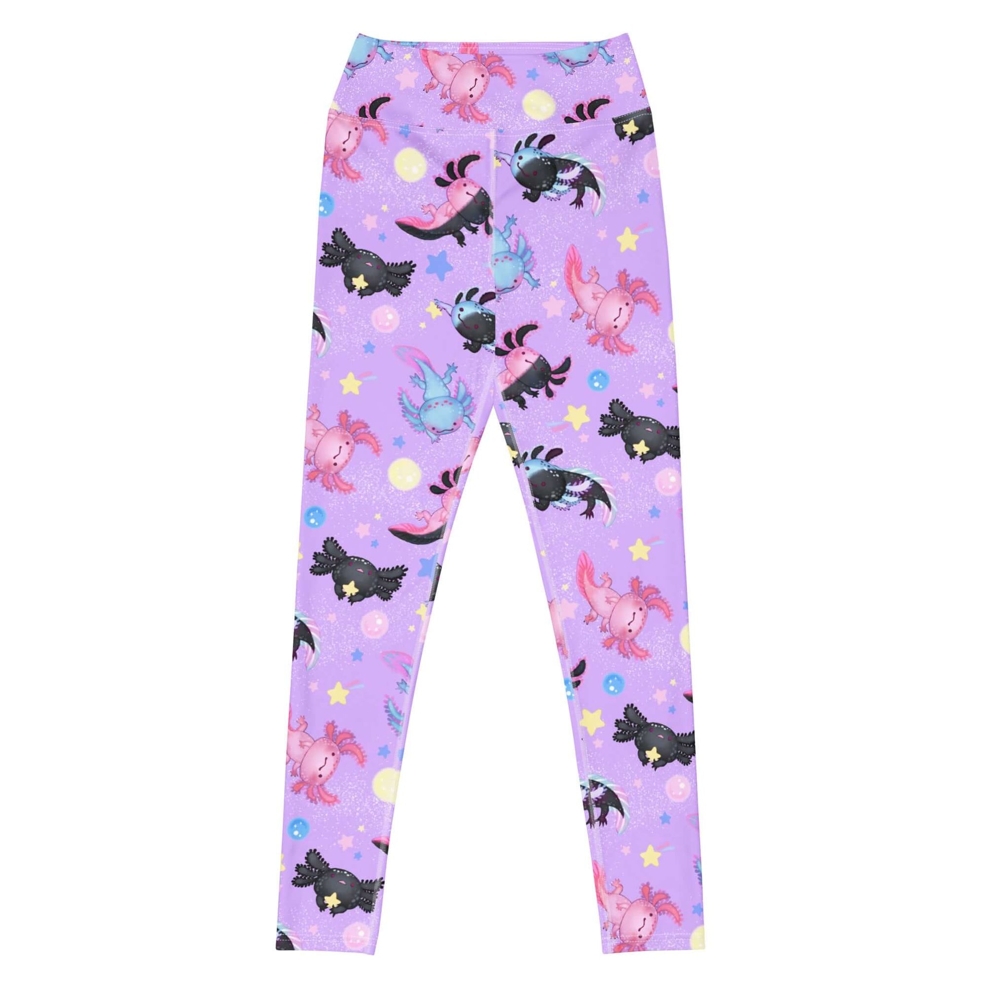 High-waisted Axolotl Leggings feature a fun axolotl print, perfect for adding sparkle and shine to your outfit.