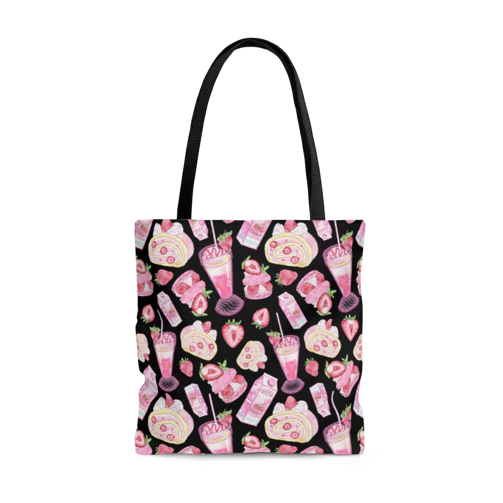 Stylish Strawberry Tote Bag (Black) featuring vibrant fruit designs, perfect for beach trips or gym outings.