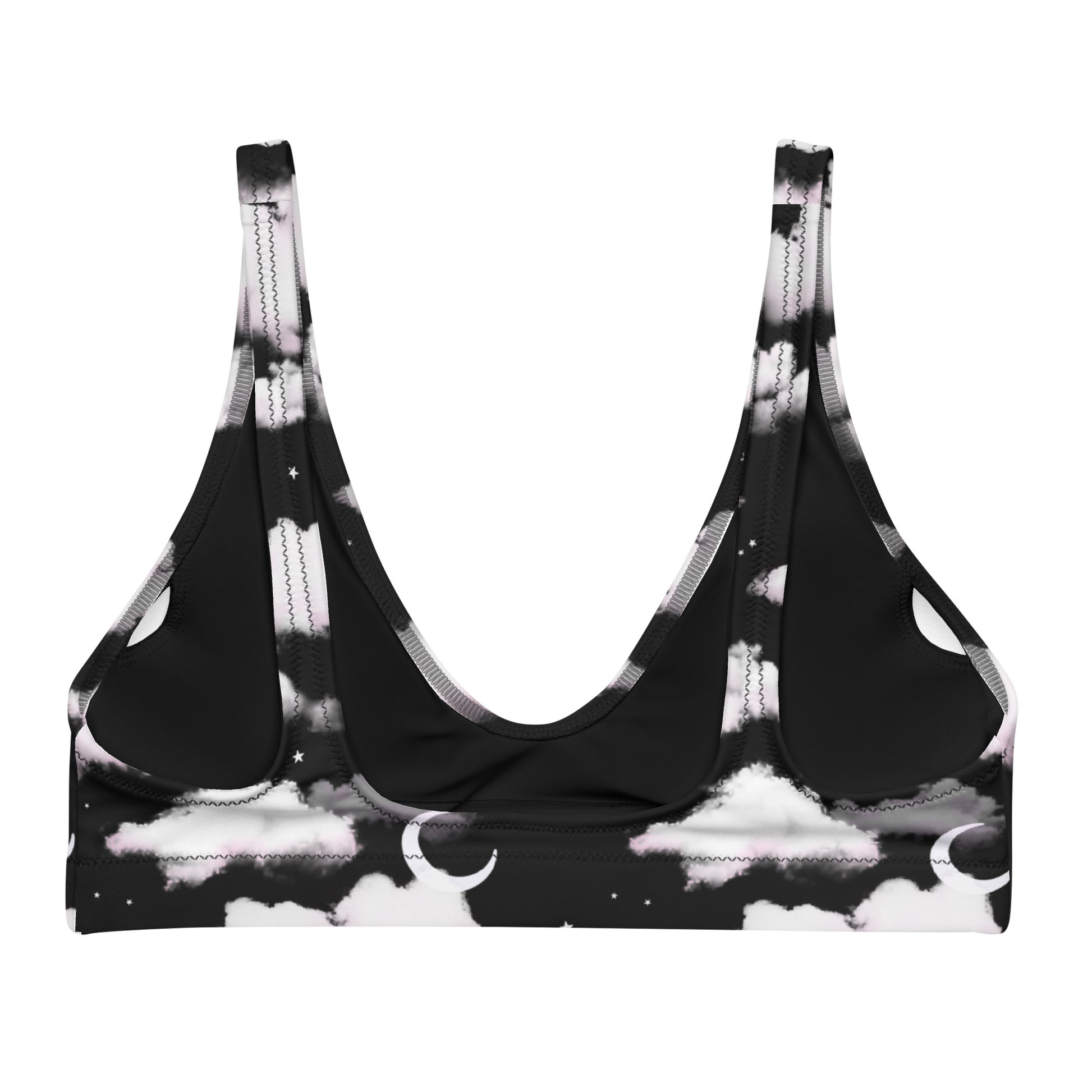 Stylish Cloudy Sky Padded Bikini Top in black with dreamy cloud design, perfect for beach days and poolside lounging.