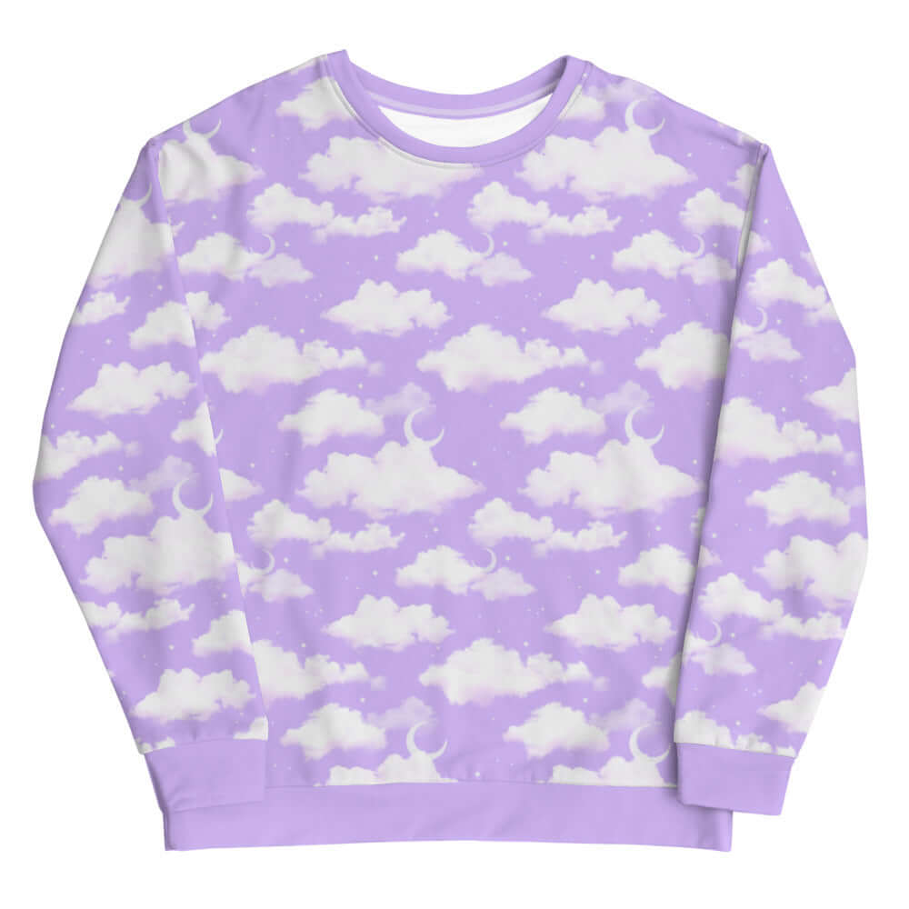 Dream in style with the Cloudy Sky Sweatshirt, featuring a whimsical purple cloud design and soft fleece interior.