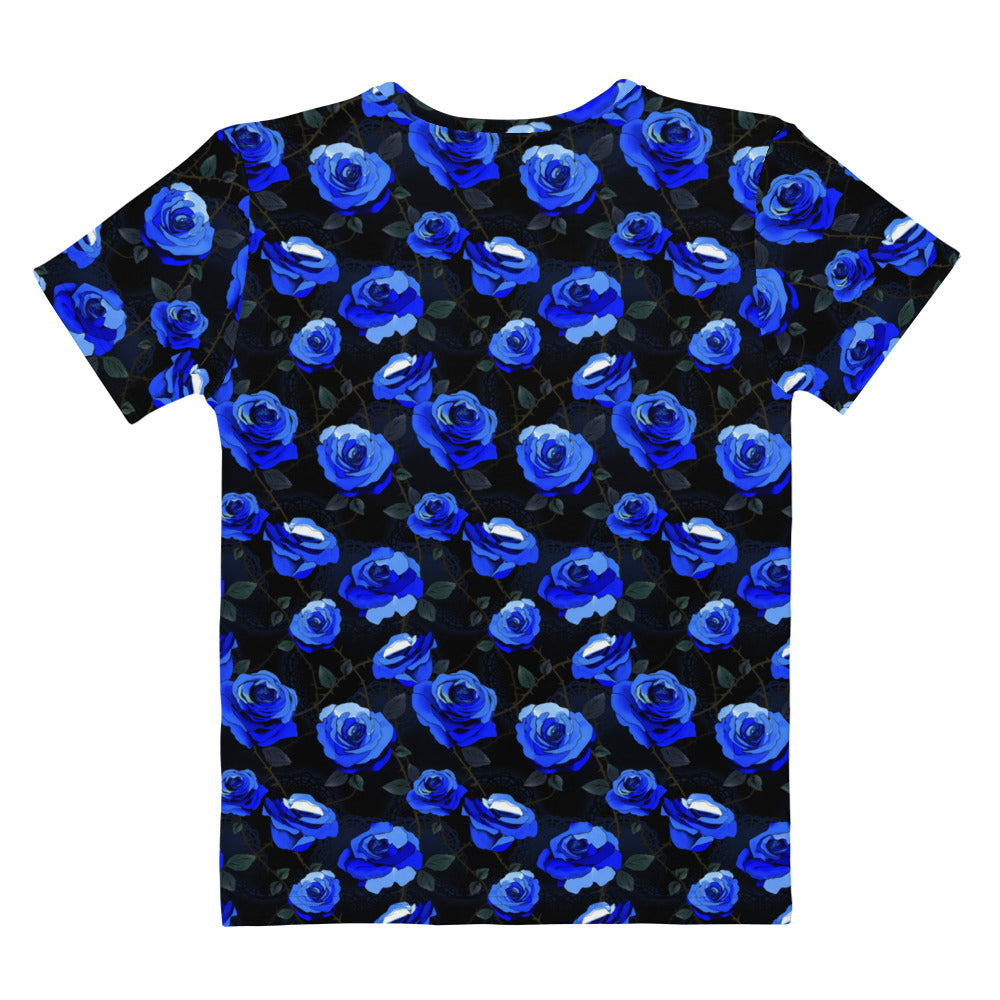 Bright blue roses on a black background create a stunning Enchanted Rose T-shirt, perfect for any occasion.