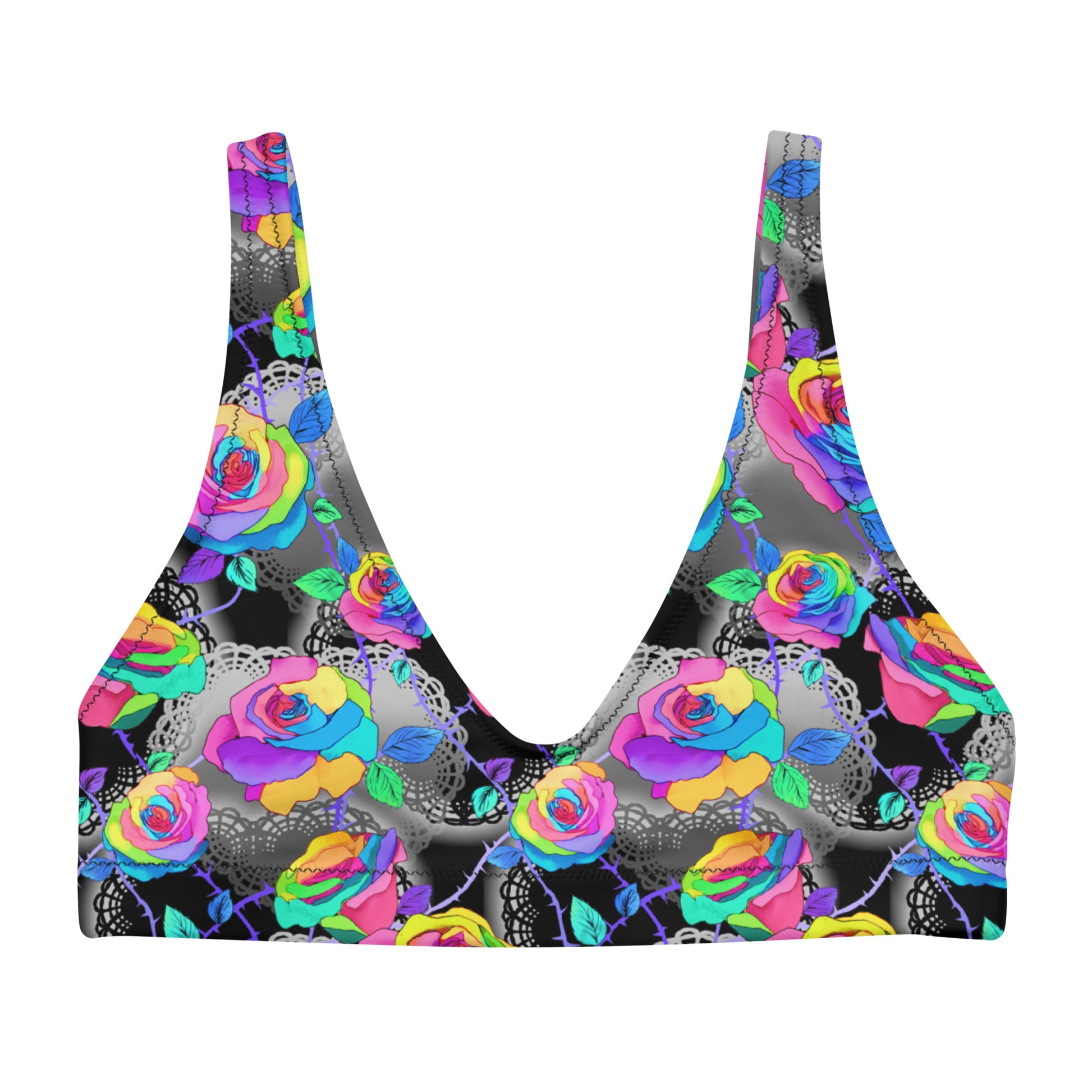 Bright and colorful Enchanted Rose Padded Bikini Top, perfect for mixing and matching at the beach.