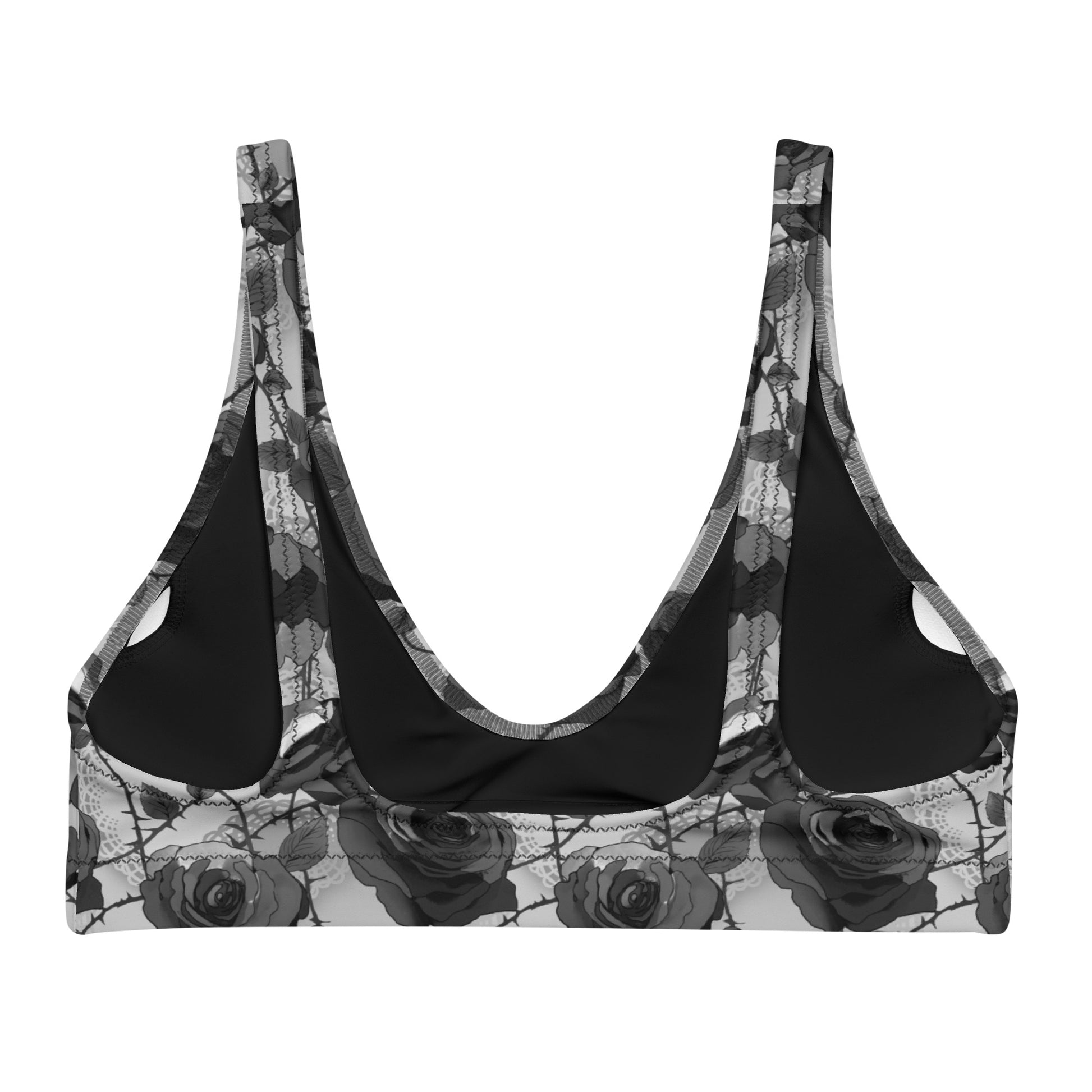 Stylish Enchanted Rose Padded Bikini Top features a floral design and removable pads for beach-ready comfort.