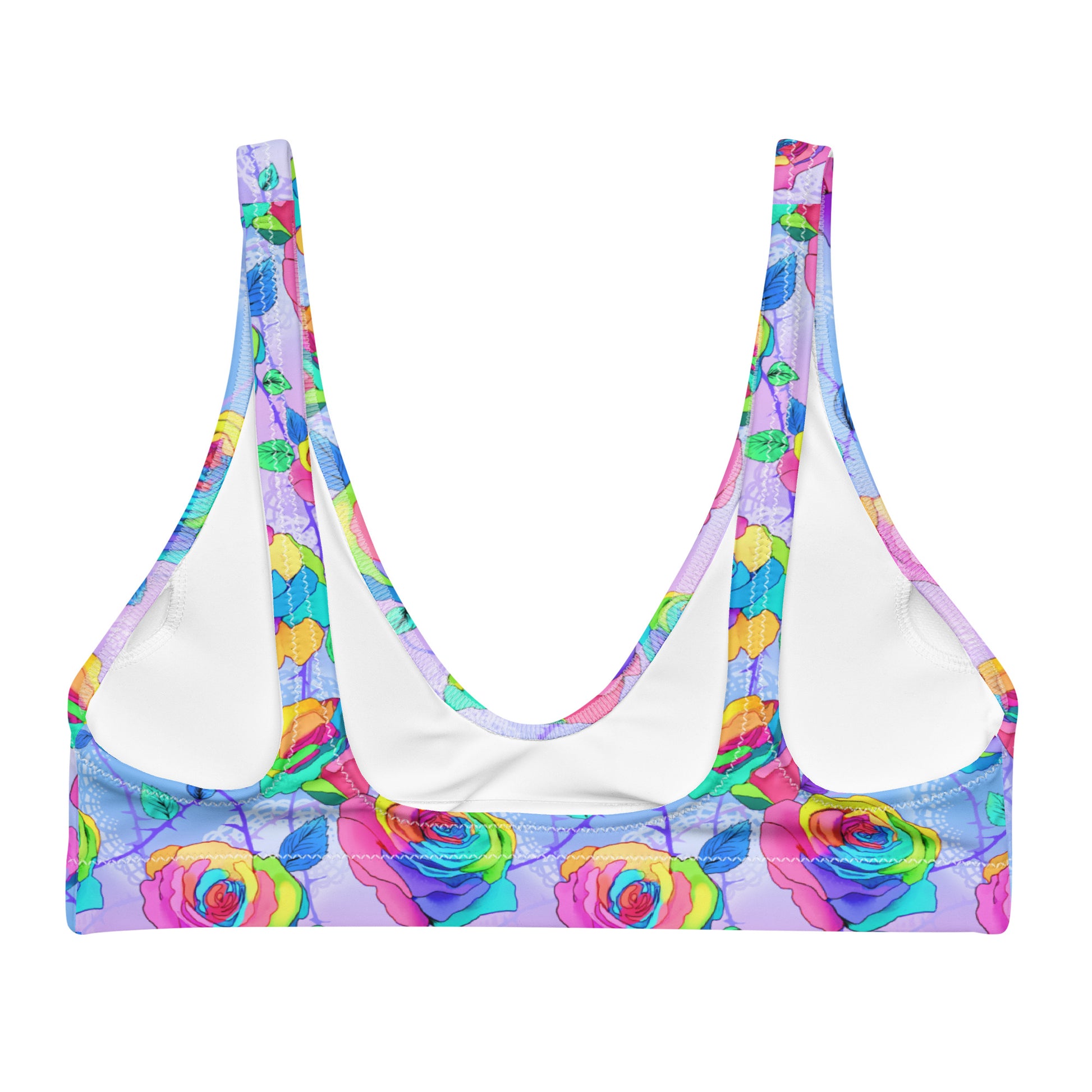 Colorful Enchanted Rose Padded Bikini Top, perfect for a trendy beach look with removable pads for comfort.