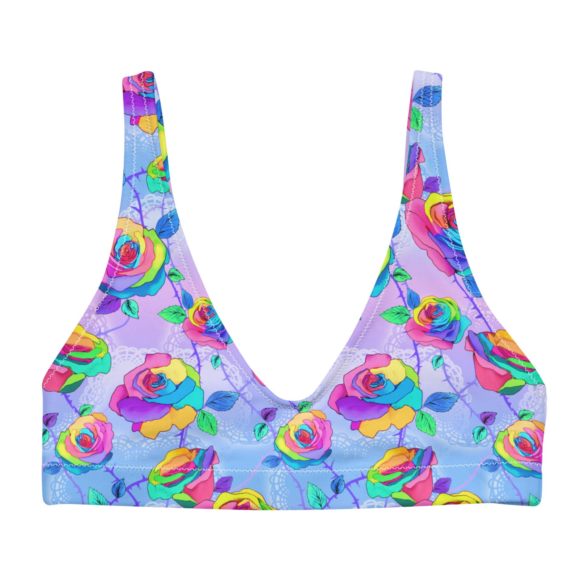 Colorful Enchanted Rose Padded Bikini Top with removable pads, perfect for trendy beach looks. Mix and match for style!