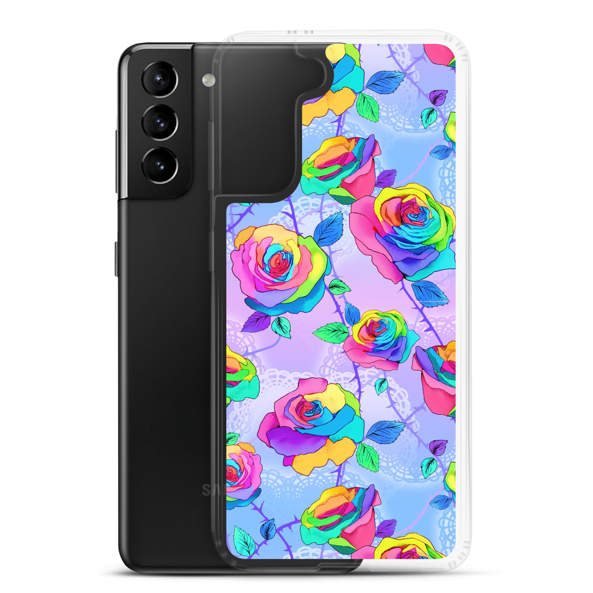 Colorful Enchanted Rose Samsung® Clear Case showcases vibrant floral design, protecting your phone with style.
