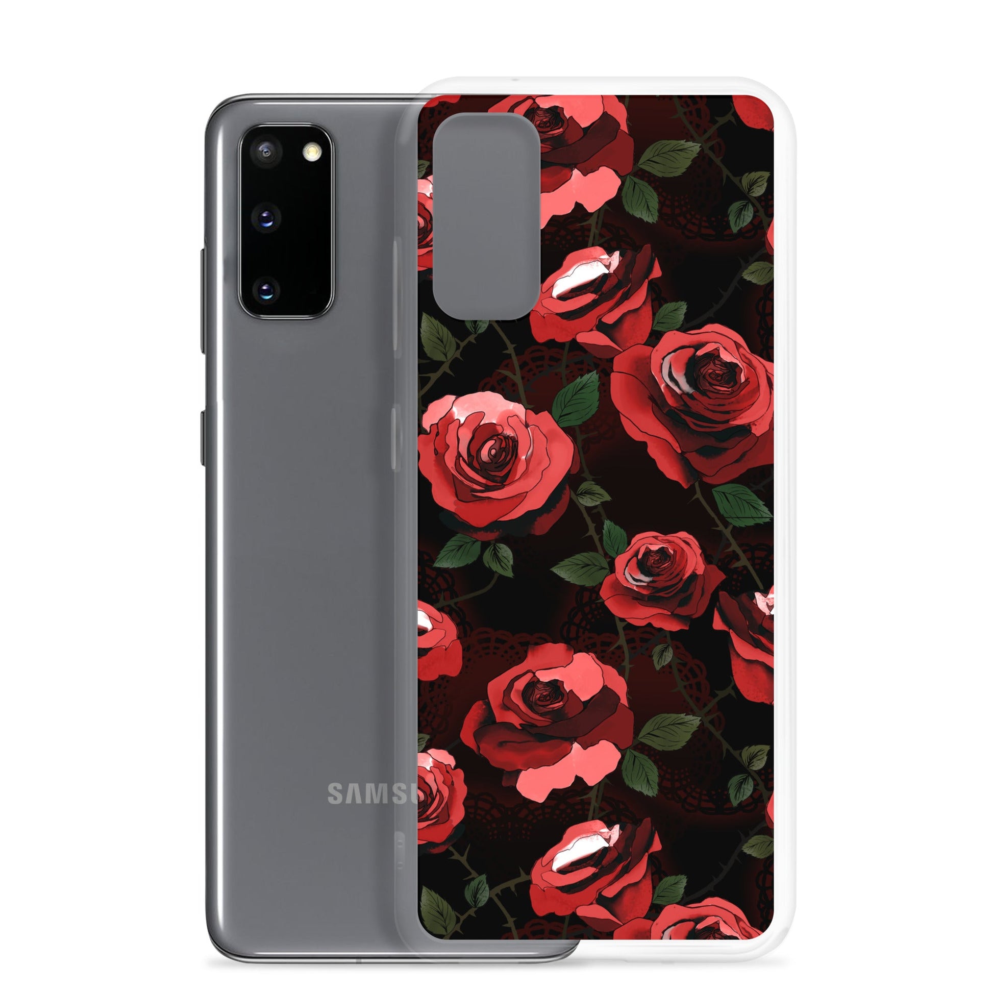Stylish Enchanted Rose Samsung® Clear Case featuring a floral design, ensuring protection and easy access for your phone.