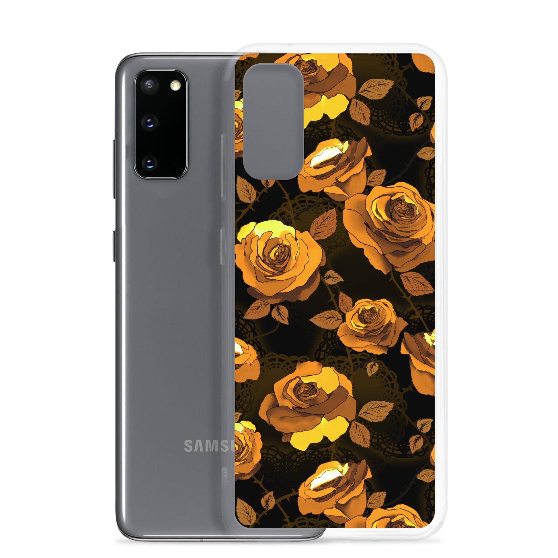 Sleek Enchanted Rose Samsung® Clear Case featuring a solid back, flexible sides, and precise cutouts for easy use.
