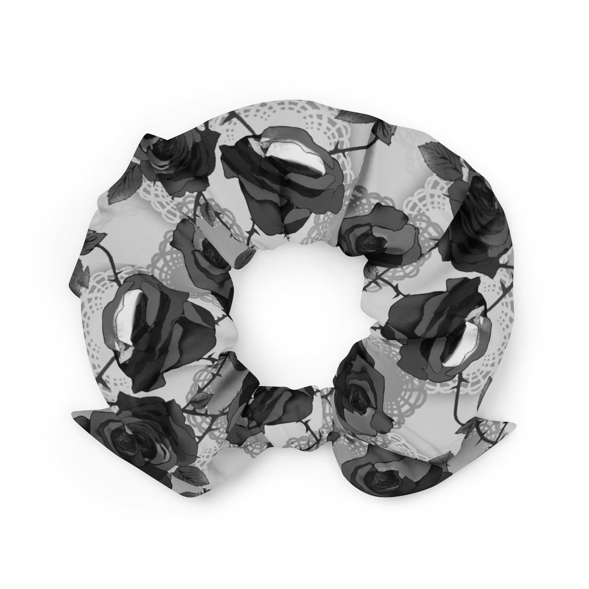 Stylish Enchanted Rose Scrunchie featuring elegant floral design, perfect for enhancing any outfit or aesthetic.