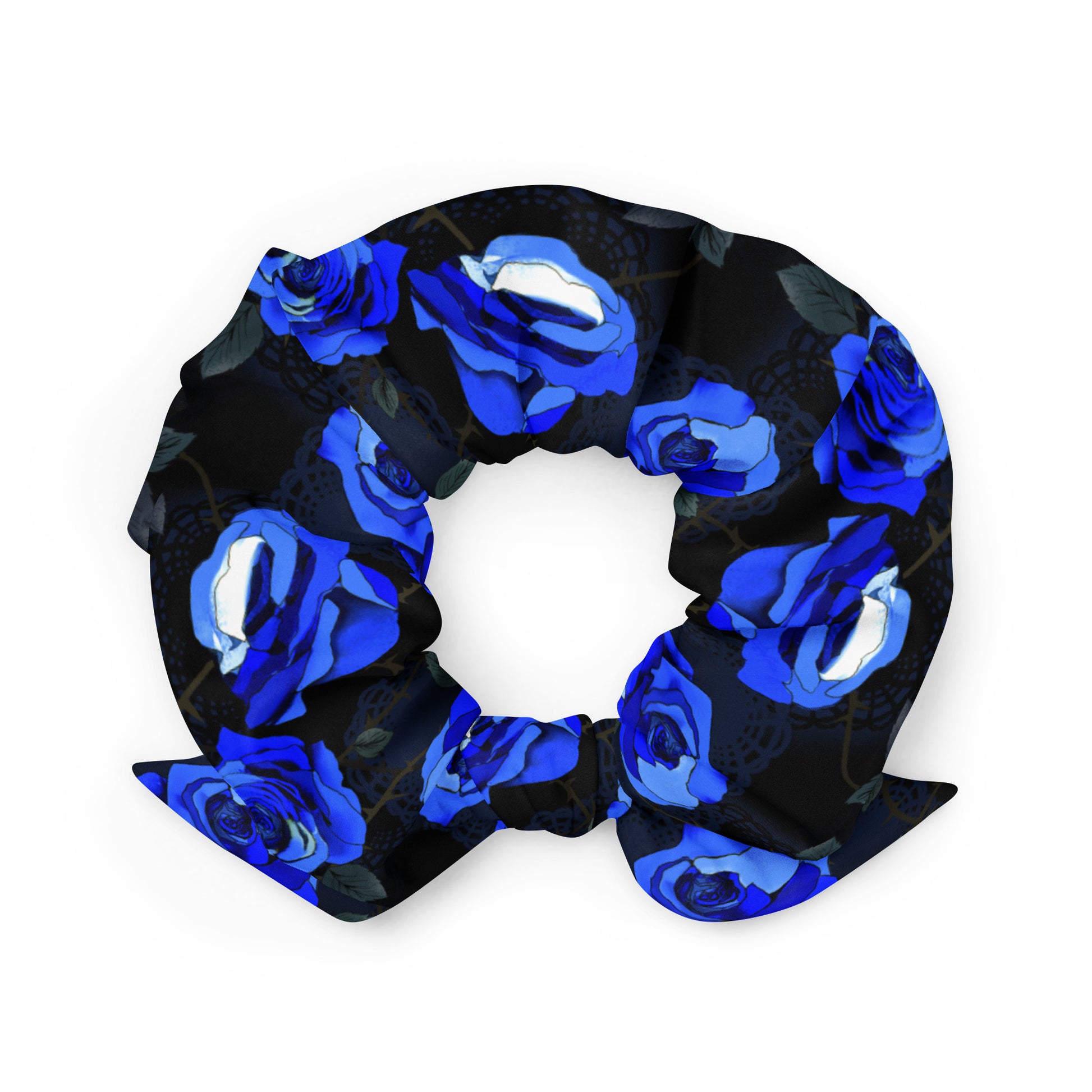 Stylish Enchanted Rose Scrunchie featuring vibrant blue roses, perfect for enhancing your daily wardrobe.
