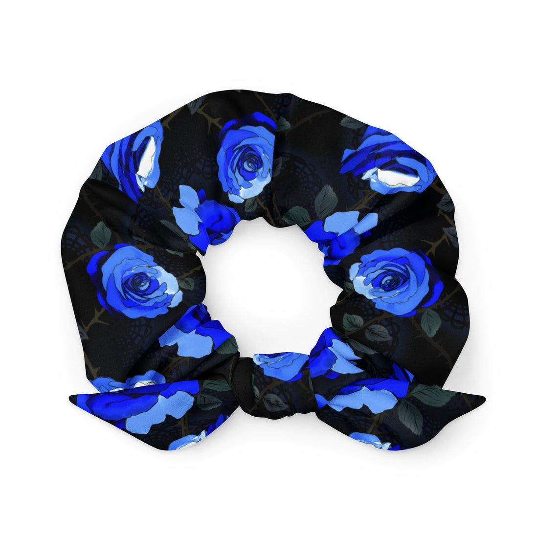 Stylish Enchanted Rose Scrunchie featuring vibrant blue roses on a chic black background for any aesthetic.