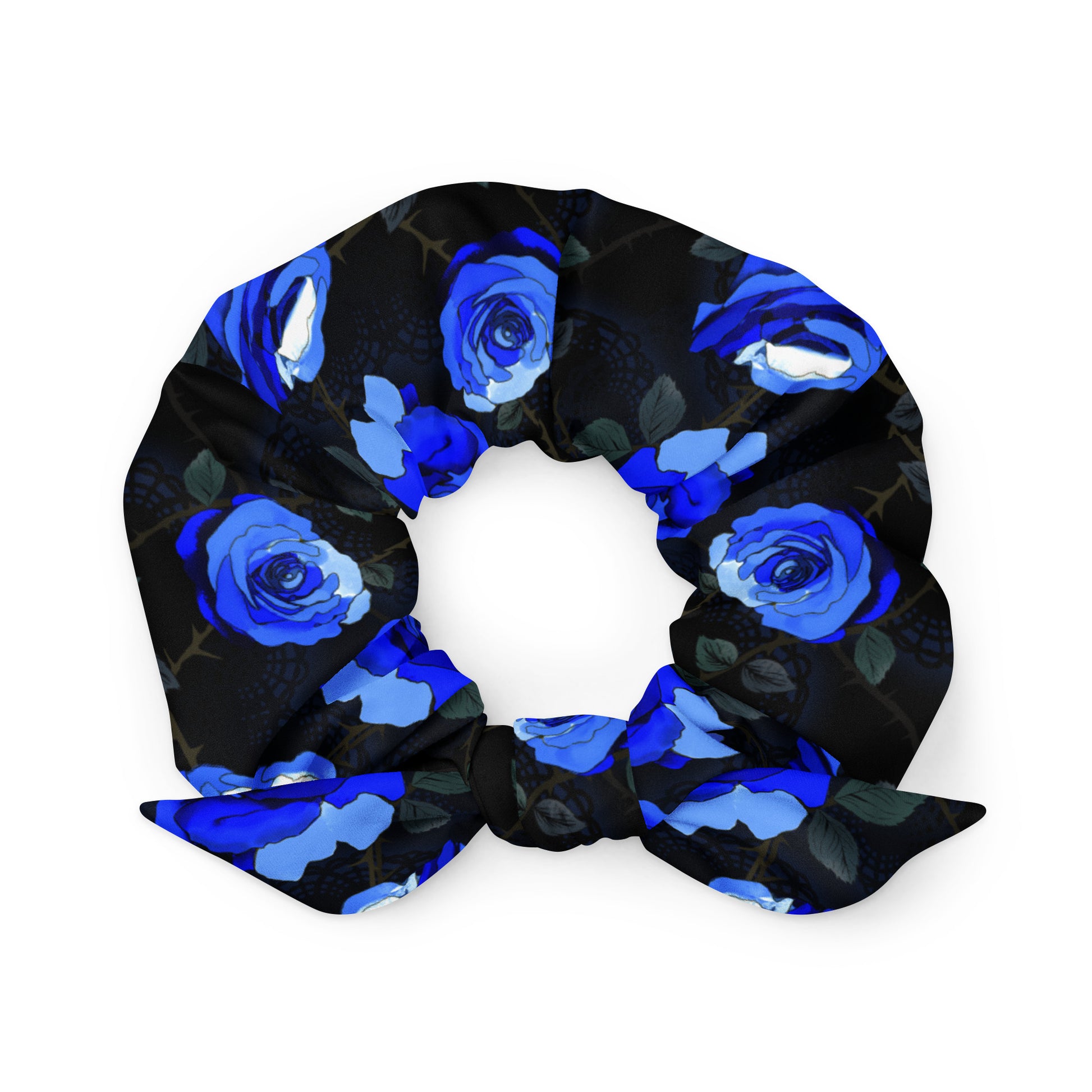 Stylish Enchanted Rose Scrunchie featuring vibrant blue roses on a chic black background for any aesthetic.