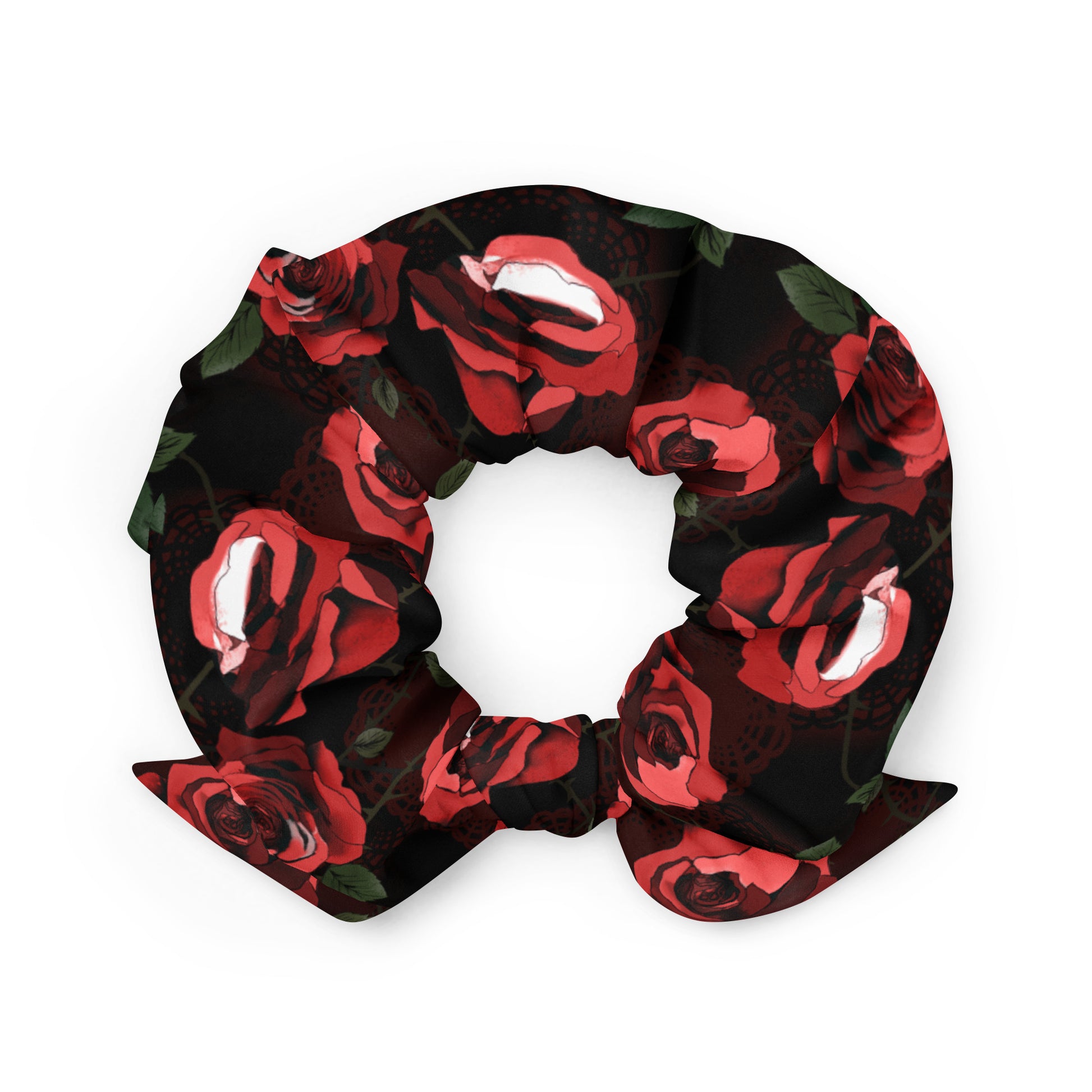 Stylish Enchanted Rose Scrunchie featuring vibrant floral design, perfect for any aesthetic or wardrobe.