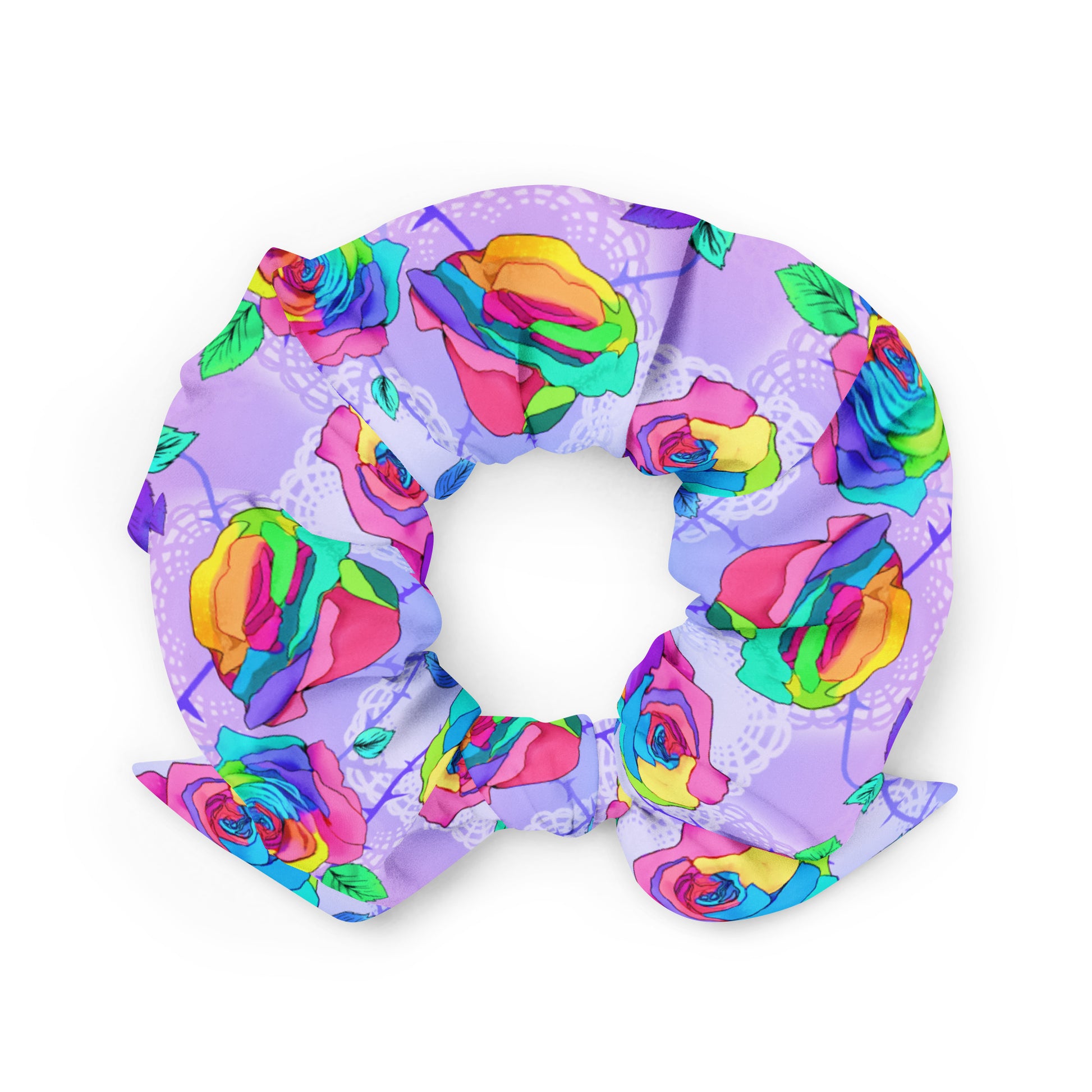 Bright and stylish, the Enchanted Rose Scrunchie elevates any outfit with colorful floral patterns. Perfect for your wardrobe!