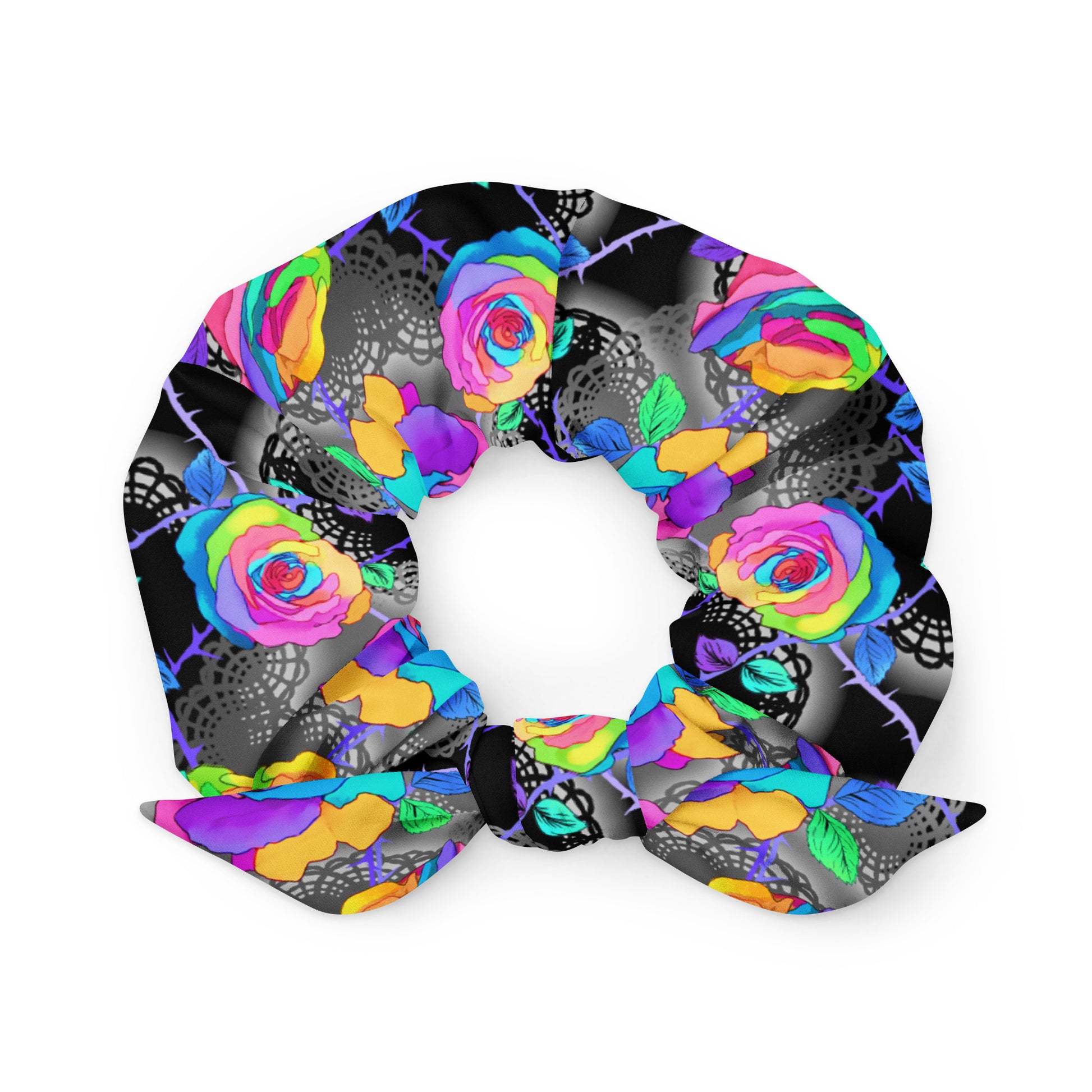Colorful Enchanted Rose Scrunchie featuring vibrant floral patterns, perfect for enhancing your style and aesthetic.