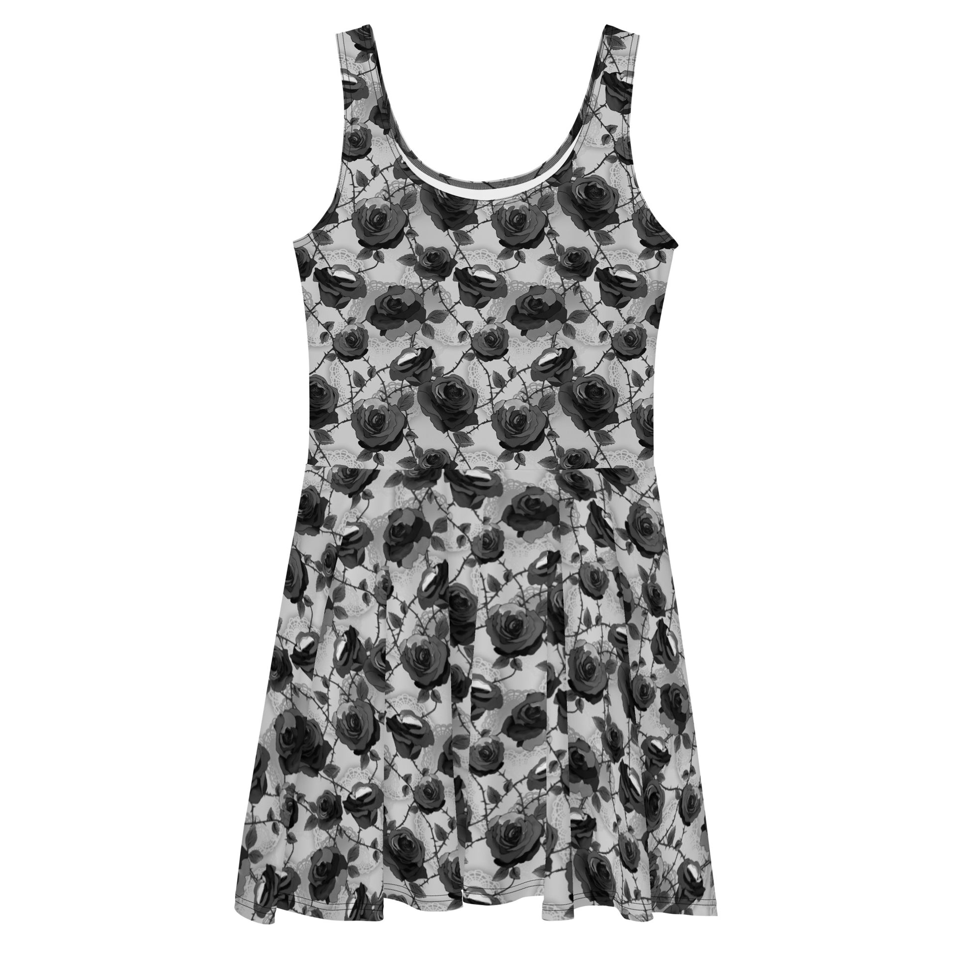 Chic and versatile, the Enchanted Rose Skater Dress features a flared skirt and elegant rose pattern for any occasion.