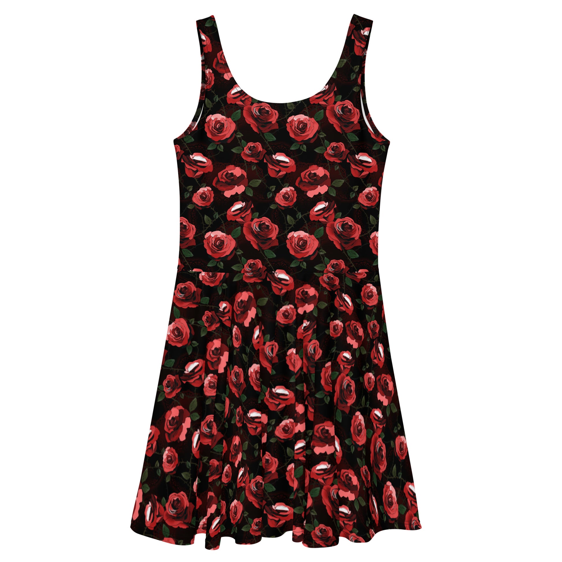 Chic and versatile, the Enchanted Rose Skater Dress features a vibrant floral design and a flared skirt for comfort.