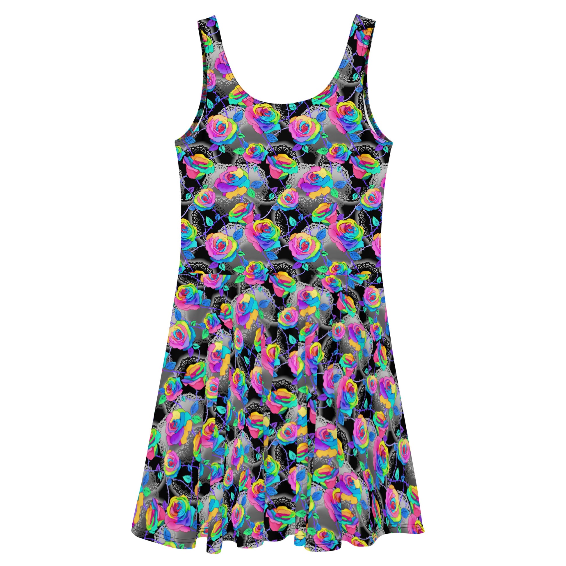 The Enchanted Rose Skater Dress features a vibrant floral design, perfect for chic, comfy style on any occasion.