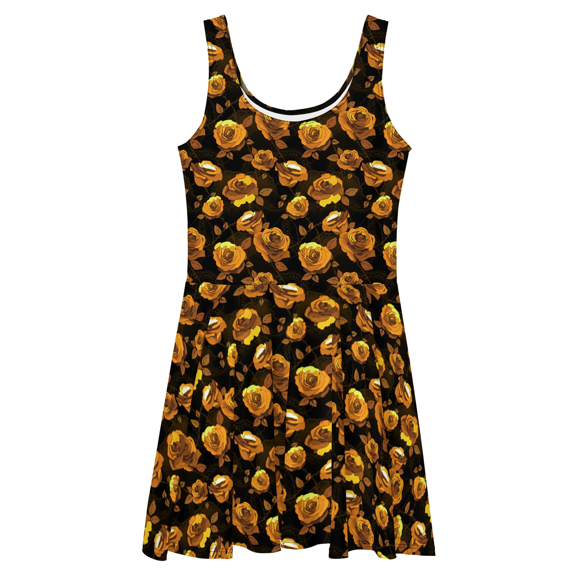 Chic and comfy, the Enchanted Rose Skater Dress features a vibrant floral pattern perfect for any occasion.