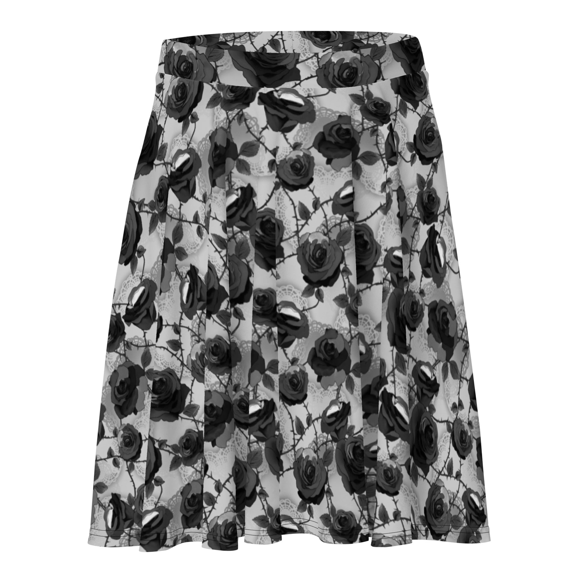 Flared Enchanted Rose Skater Skirt featuring elegant rose blossoms, perfect for a stylish and smooth look.