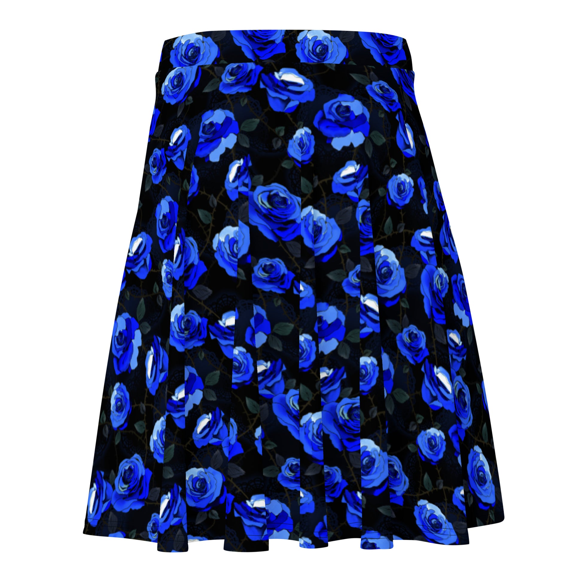 Stylish Enchanted Rose Skater Skirt featuring elegant blue rose blossoms, perfect for a chic look at any occasion.