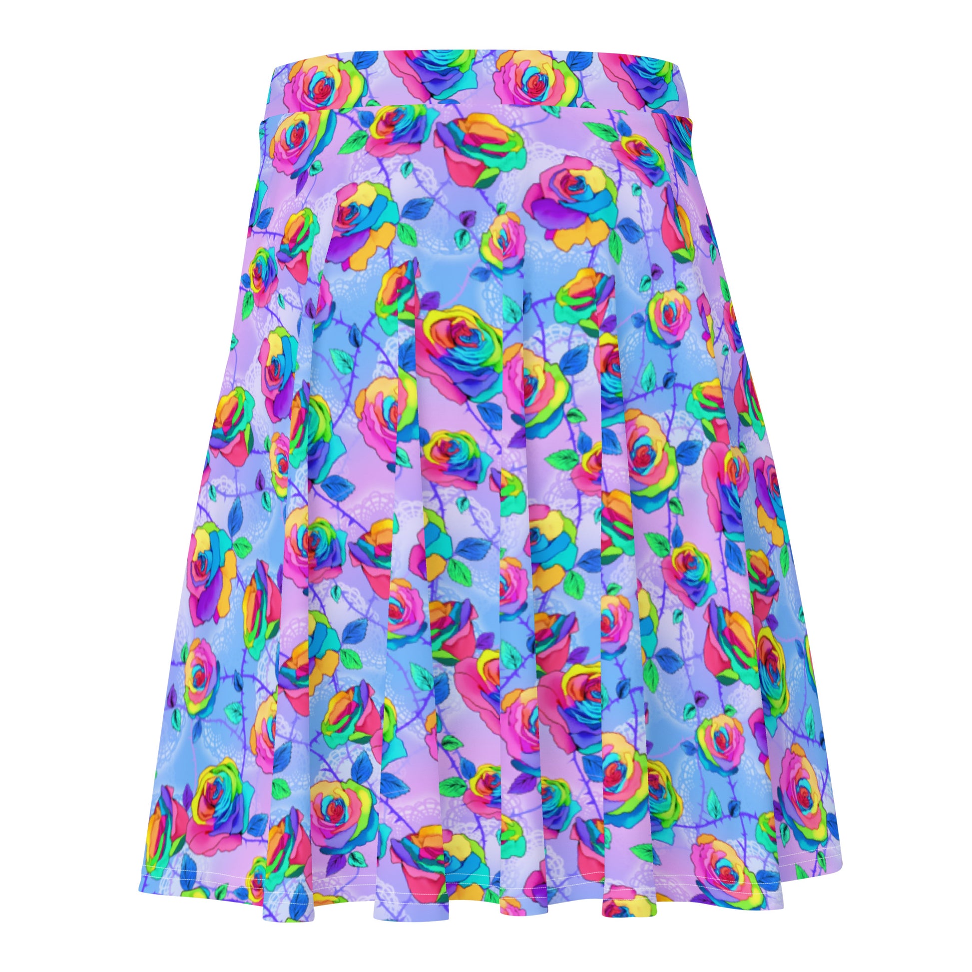 Bright and colorful Enchanted Rose Skater Skirt featuring elegant rose blossoms, perfect for a stylish, flared look.