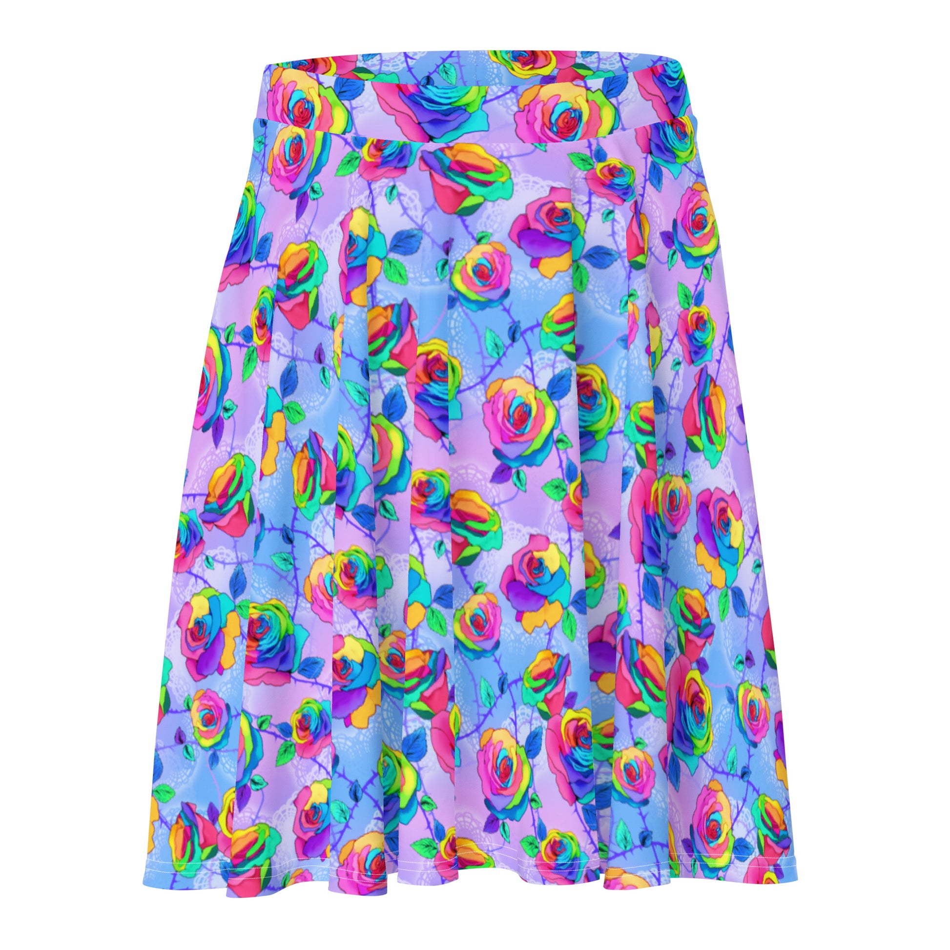 Vibrant Enchanted Rose Skater Skirt featuring colorful rose blossoms for a stylish and smooth look. Perfect for any occasion.