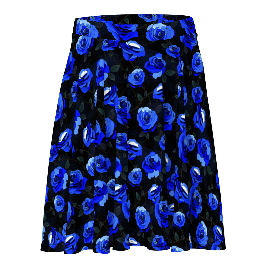 Flatter your silhouette with the Enchanted Rose Skater Skirt, featuring elegant blue rose blossoms on soft fabric.