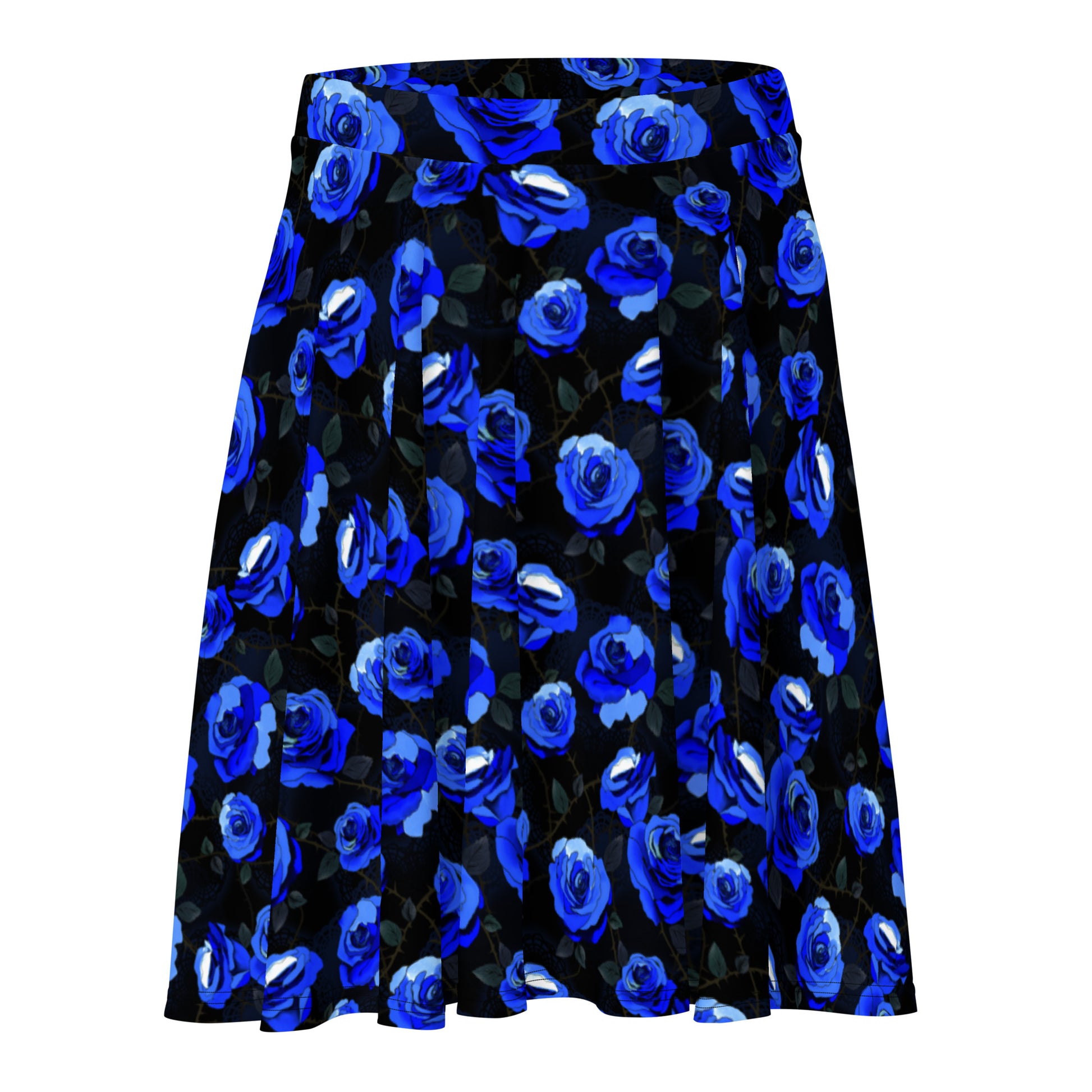 Flatter your silhouette with the Enchanted Rose Skater Skirt, featuring elegant blue rose blossoms on soft fabric.