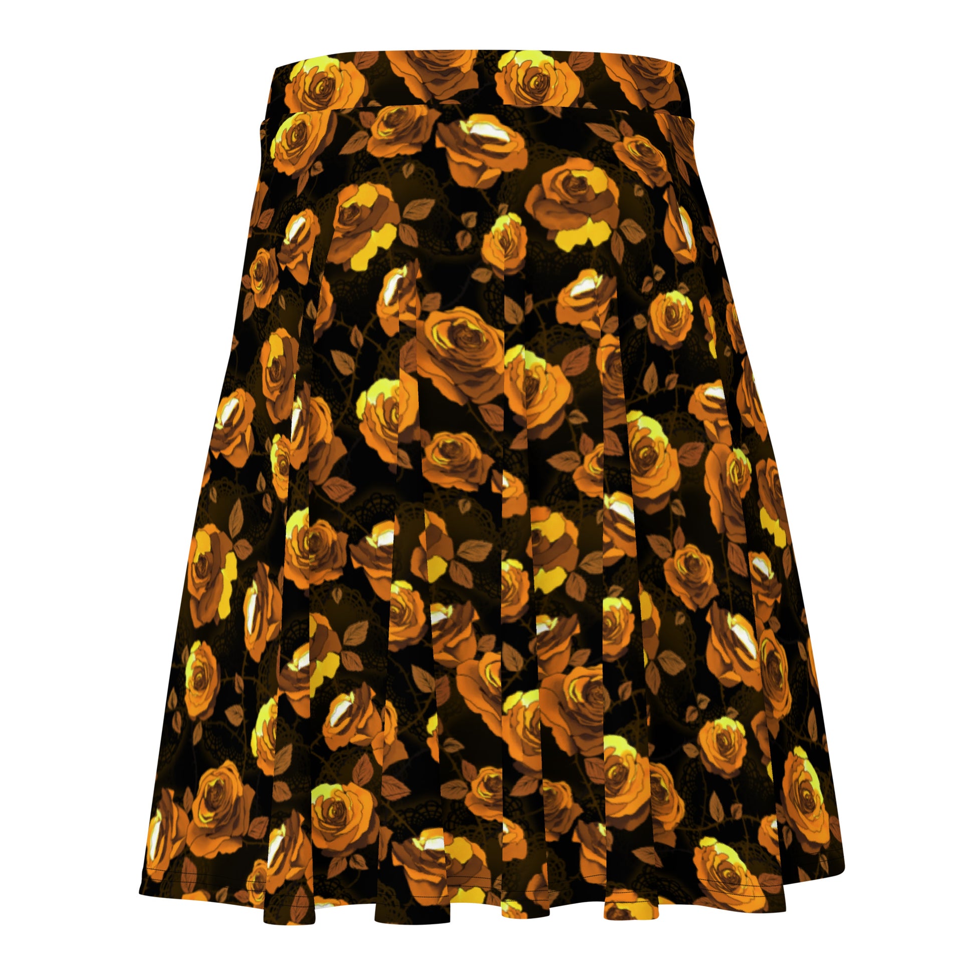 Flared Enchanted Rose Skater Skirt featuring elegant rose blossoms, perfect for a stylish look.