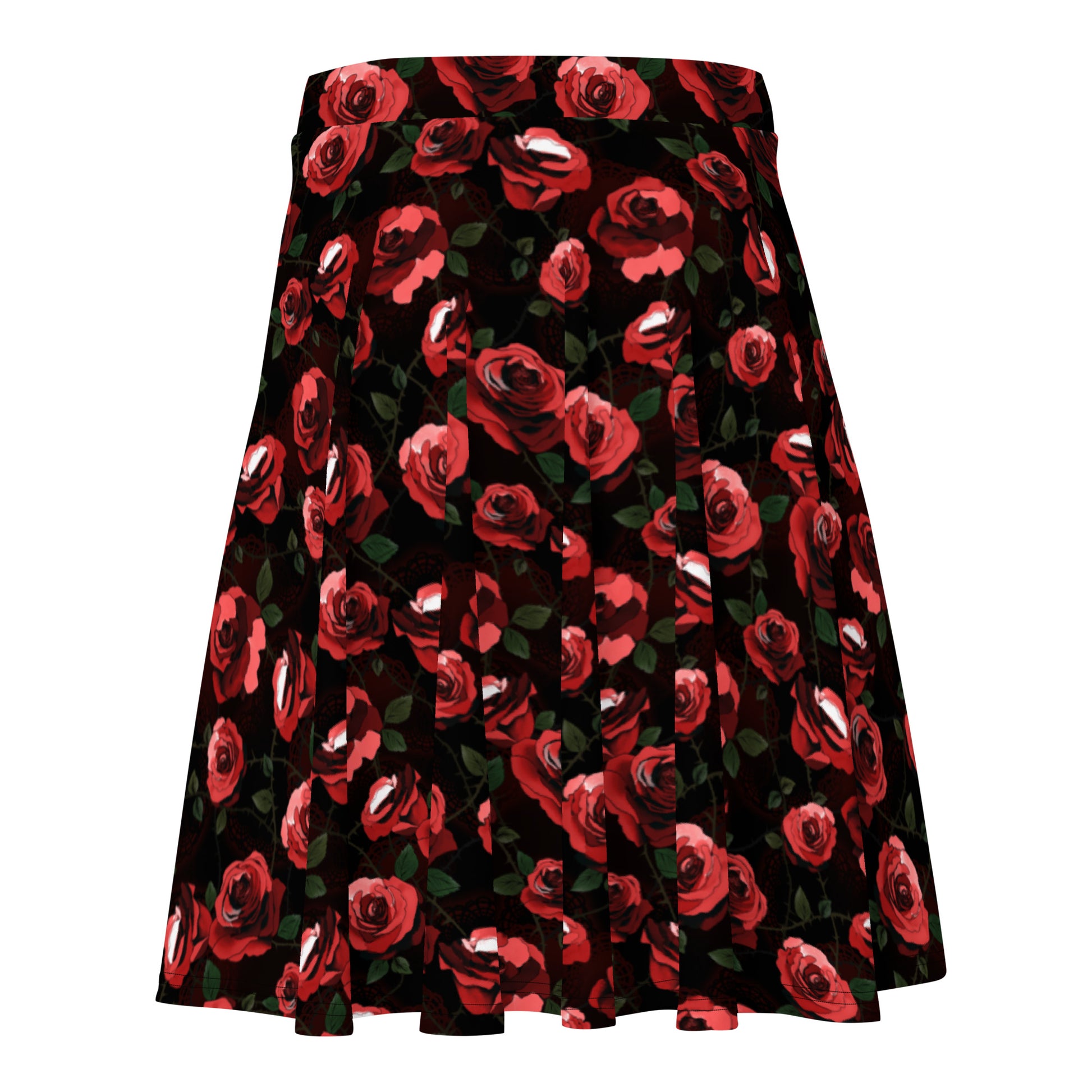 Flattering Enchanted Rose Skater Skirt featuring elegant rose blossoms on a soft, flared design for stylish comfort.