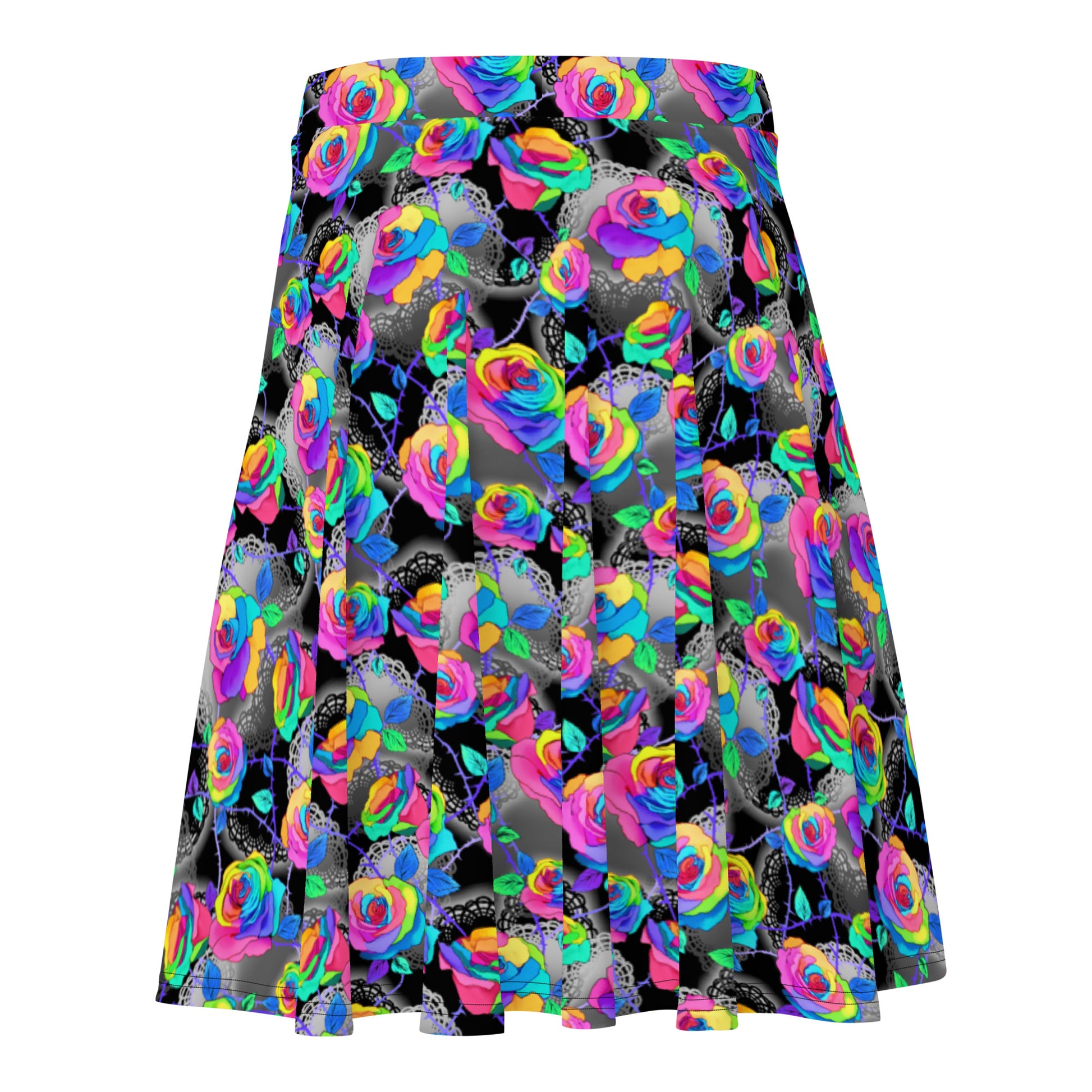 Vibrant Enchanted Rose Skater Skirt featuring colorful rose patterns in a flared design, perfect for stylish outfits.