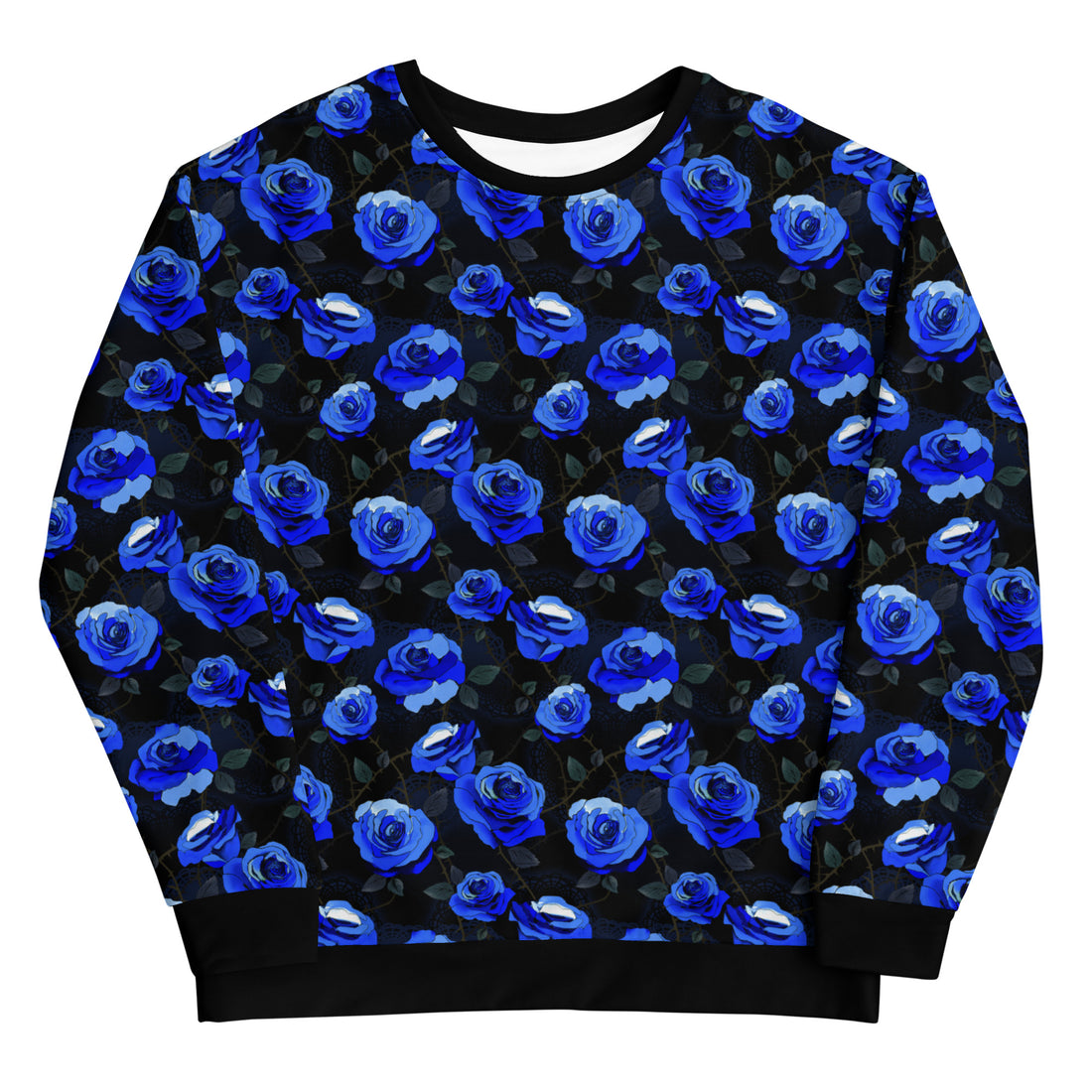 Stylish Enchanted Rose Sweatshirt featuring vibrant blue roses on a black background, perfect for any aesthetic.
