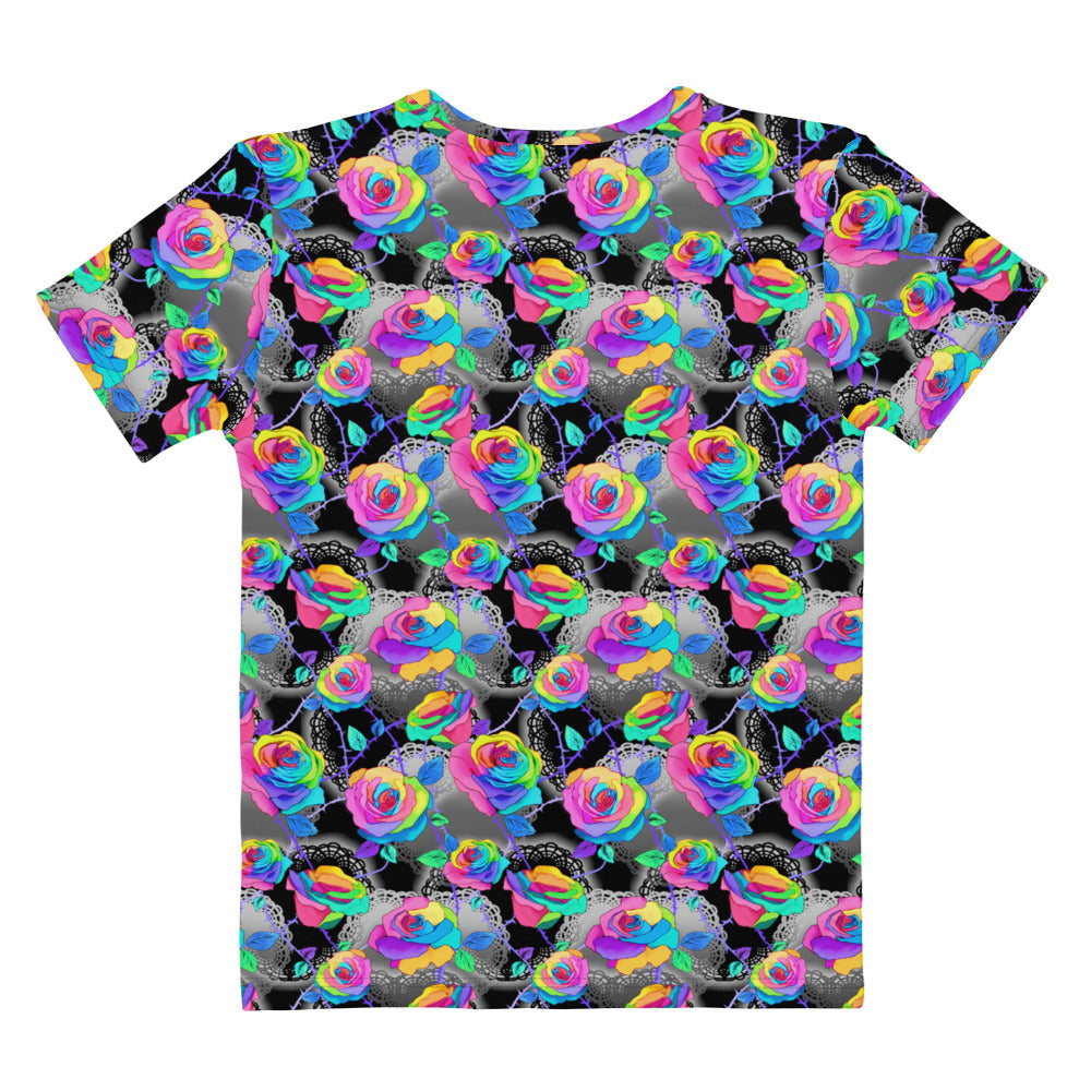 Colorful Enchanted Rose T-shirt featuring vibrant floral patterns, perfect for any mood and outfit. Ideal for everyday wear.
