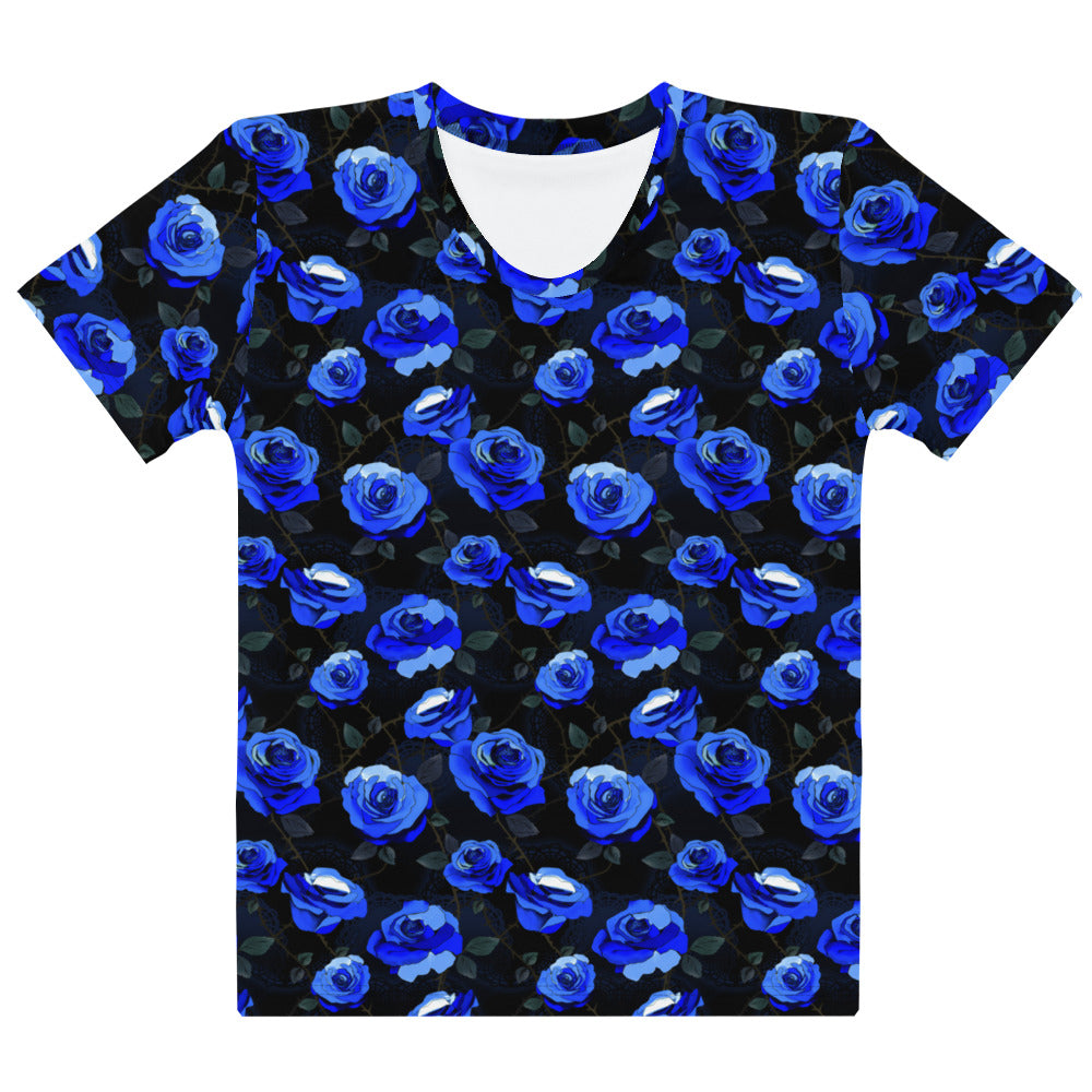 Stylish Enchanted Rose T-shirt featuring vibrant blue roses, perfect for any casual outfit and mood.