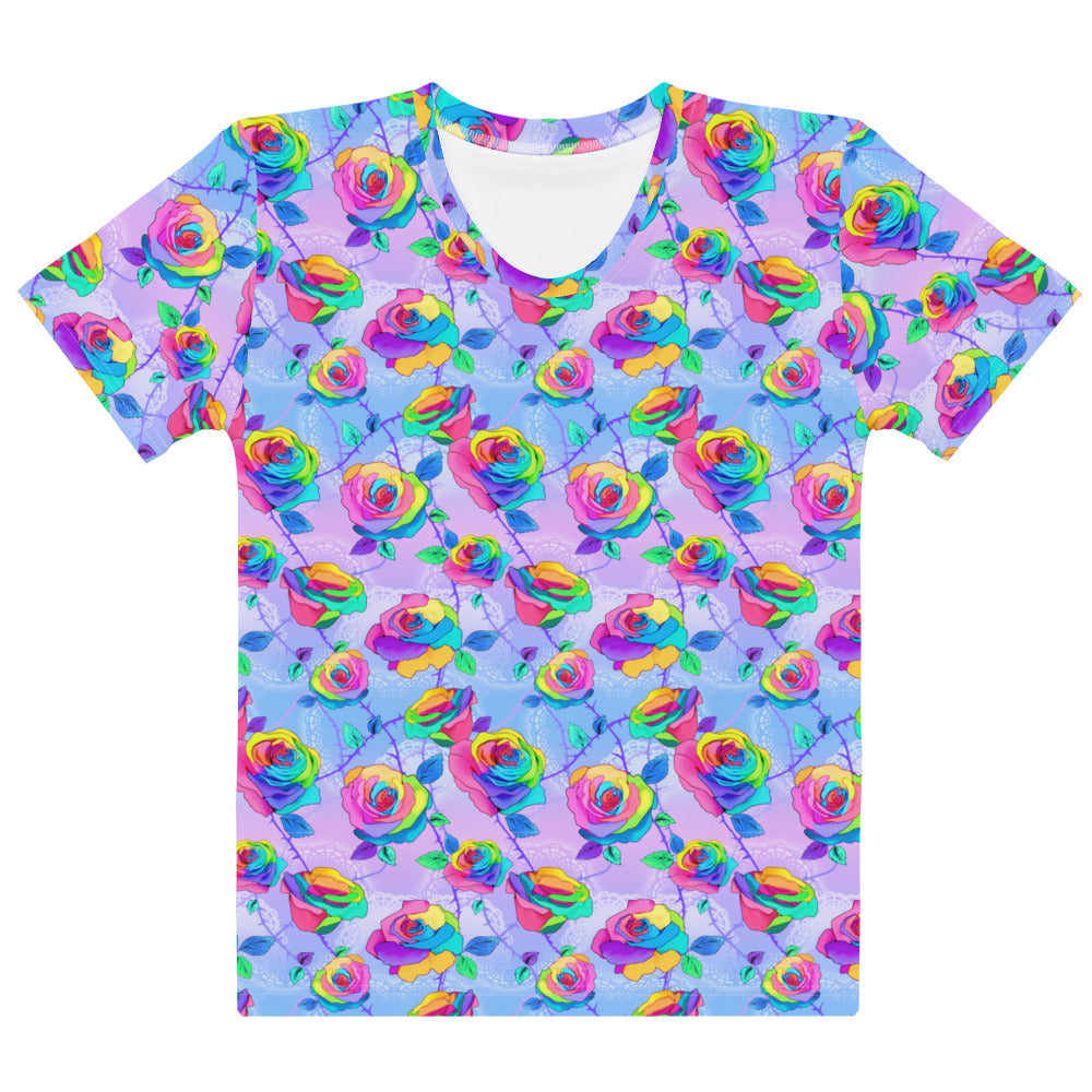 Vibrant Enchanted Rose T-shirt featuring colorful floral design, perfect for everyday comfort and style.