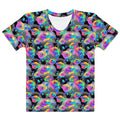 Vibrant Enchanted Rose T-shirt featuring colorful roses against a dark background, perfect for any outfit.