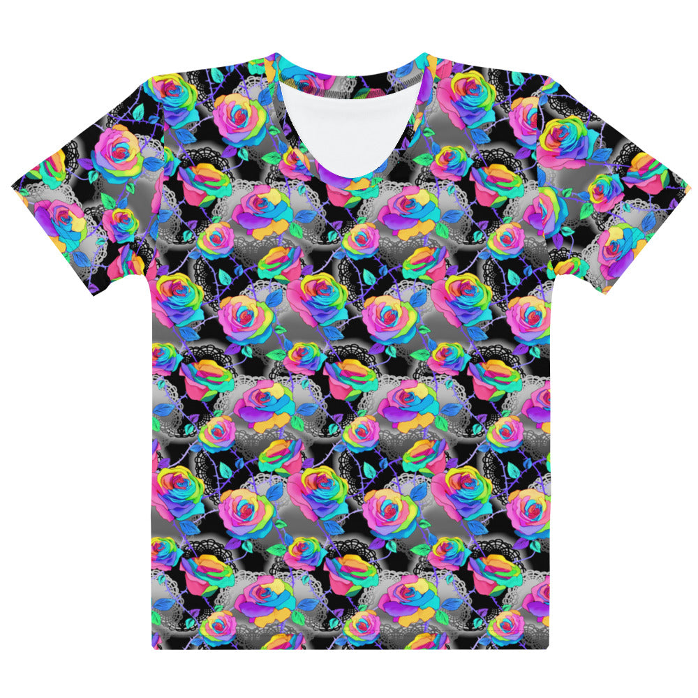 Vibrant Enchanted Rose T-shirt featuring colorful roses against a dark background, perfect for any outfit.
