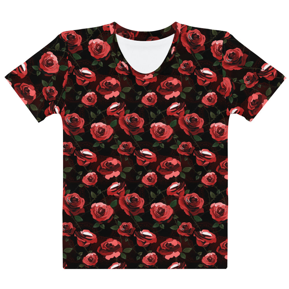 Stylish Enchanted Rose T-shirt featuring vibrant floral design, perfect for any mood and outfit.
