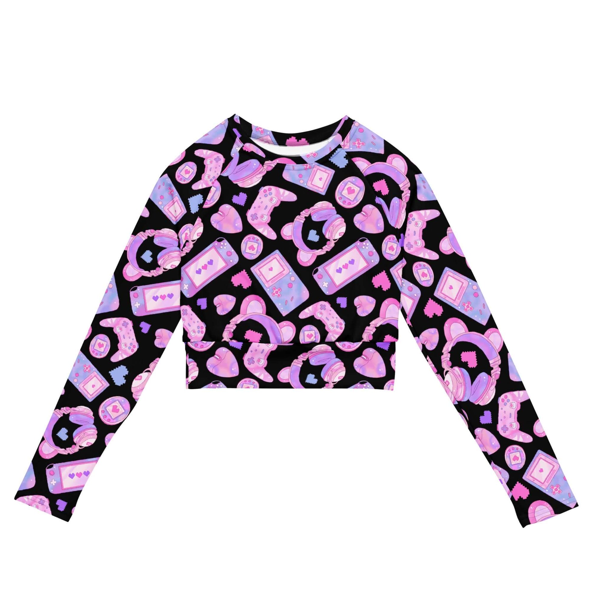 Gamer Girl Long-sleeved Crop Top featuring playful gaming designs, perfect for eco-friendly athleisure outfits.