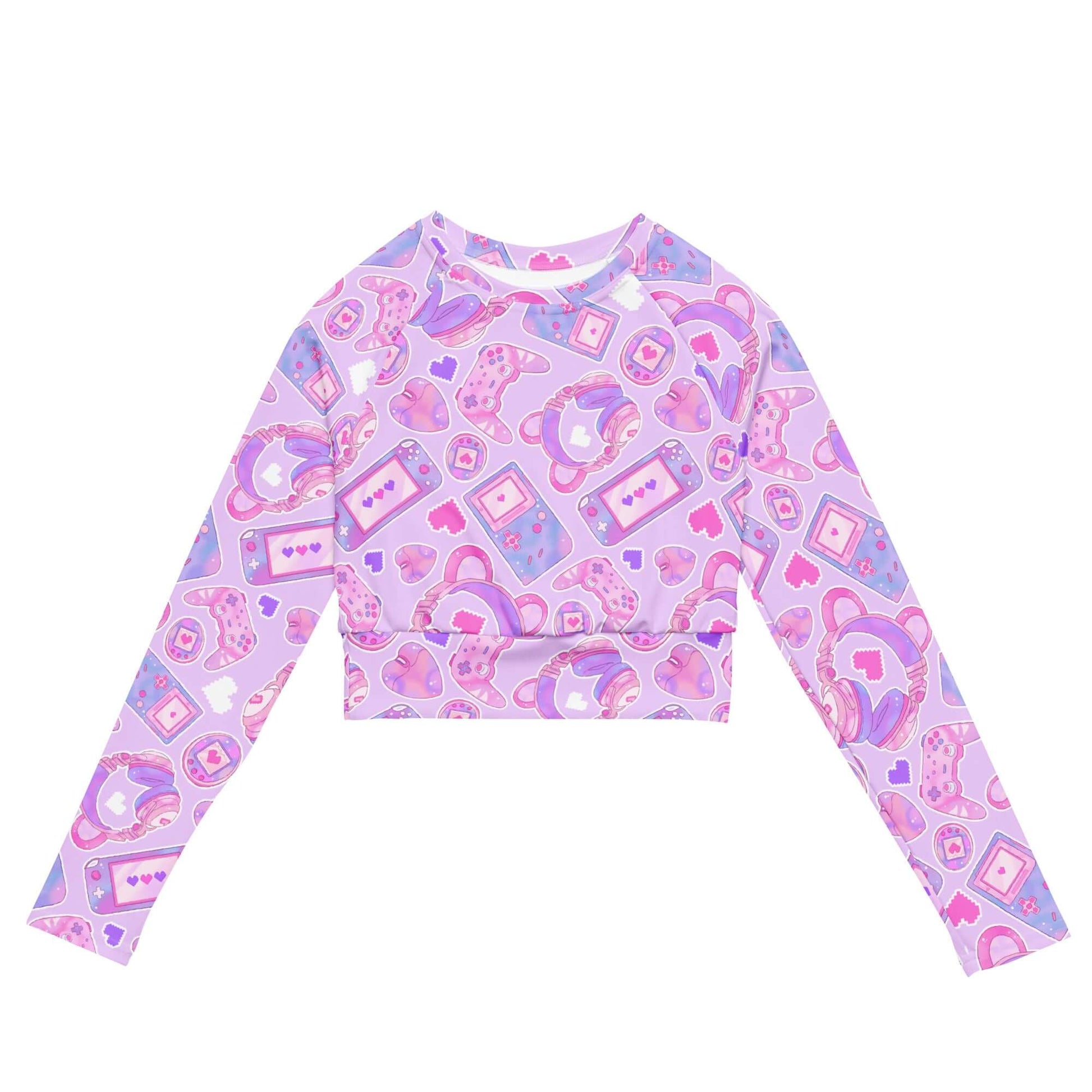 Gamer Girl Long-sleeved Crop Top in playful design, perfect for eco-friendly athleisure and sports activities.