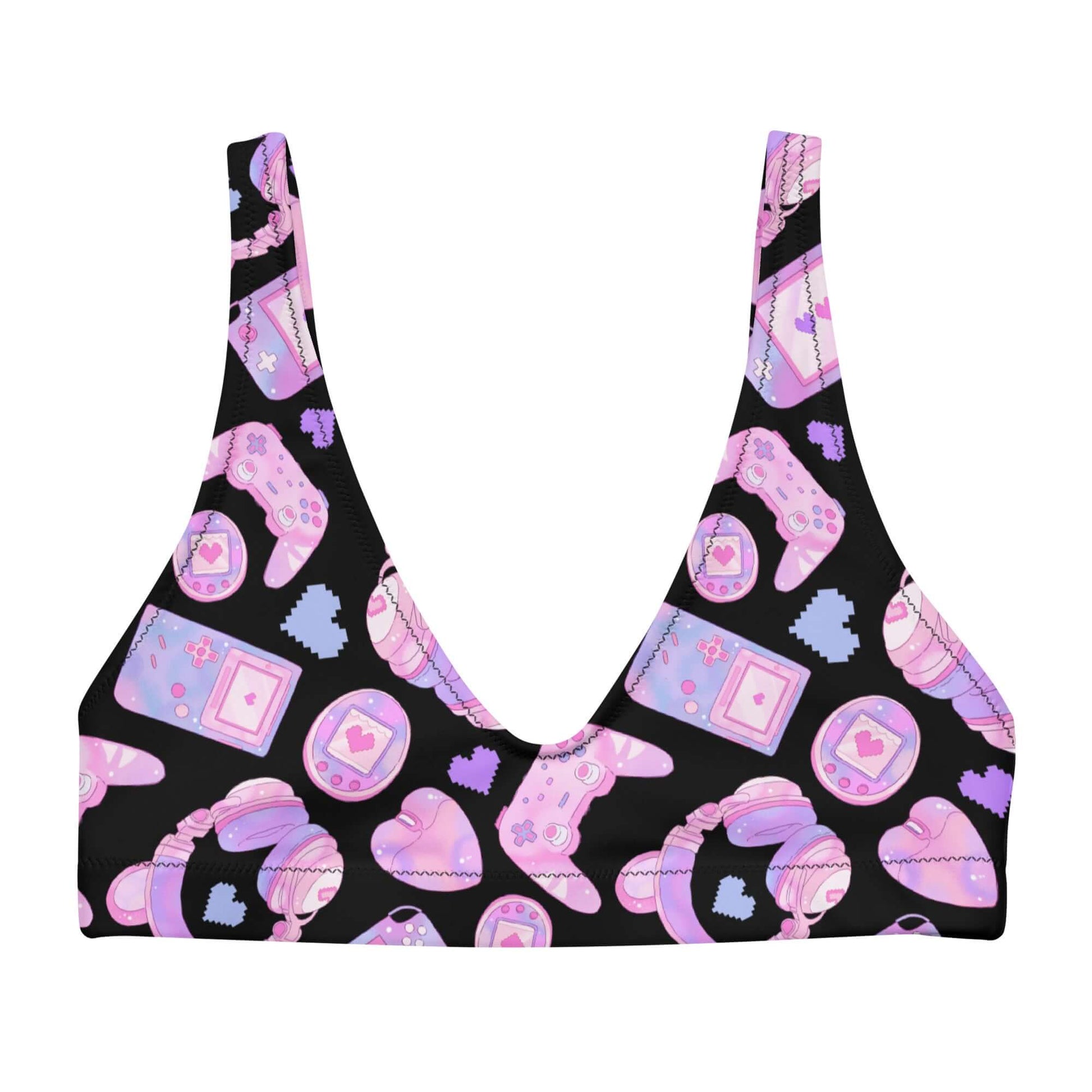 Gamer Girl Padded Bikini Top features a fun gaming design, perfect for stylish swims and mixing with your favorite looks.