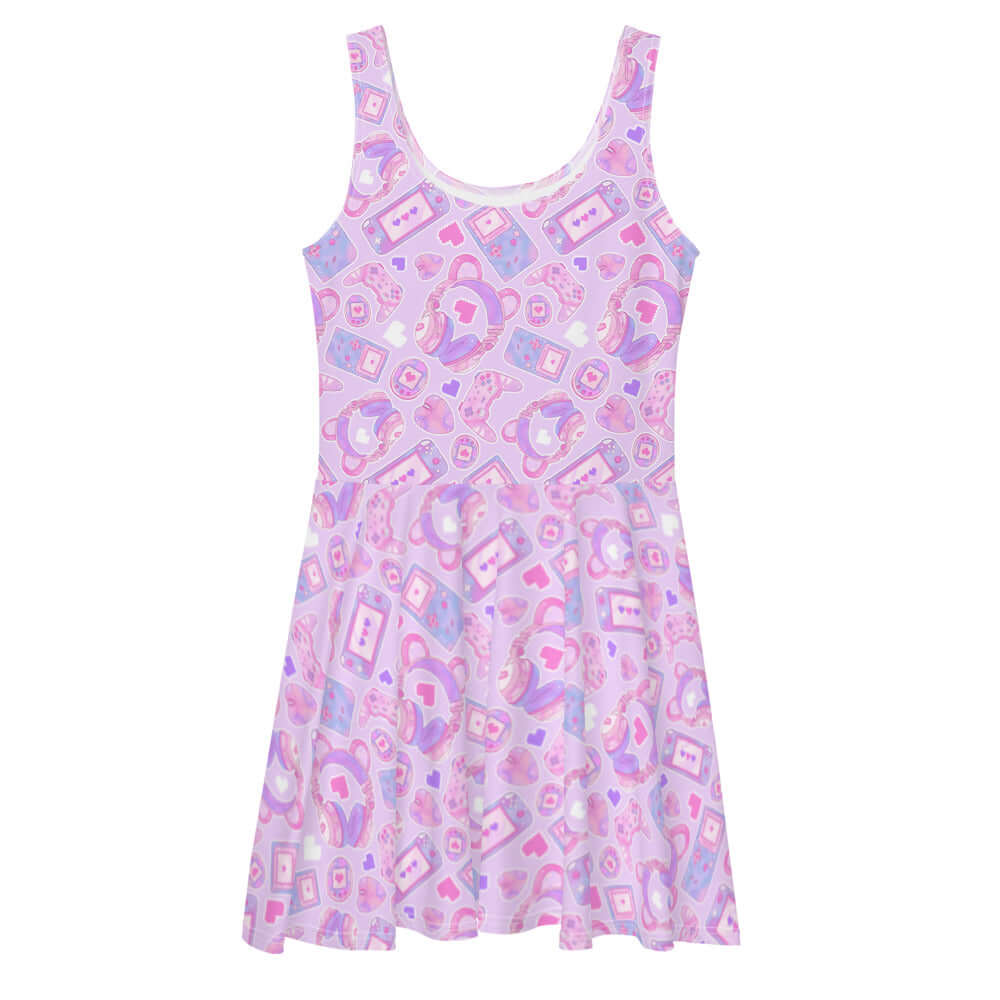 Gamer Girl Skater Dress features playful 8-bit hearts and pastel consoles, perfect for stylish gaming enthusiasts.