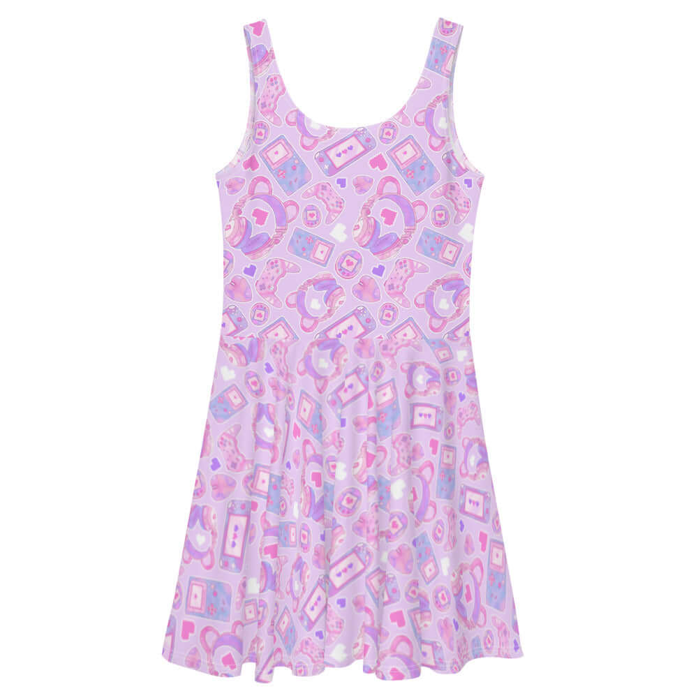 Gamer Girl Skater Dress features pastel consoles and 8-bit hearts, perfect for stylish gamers.