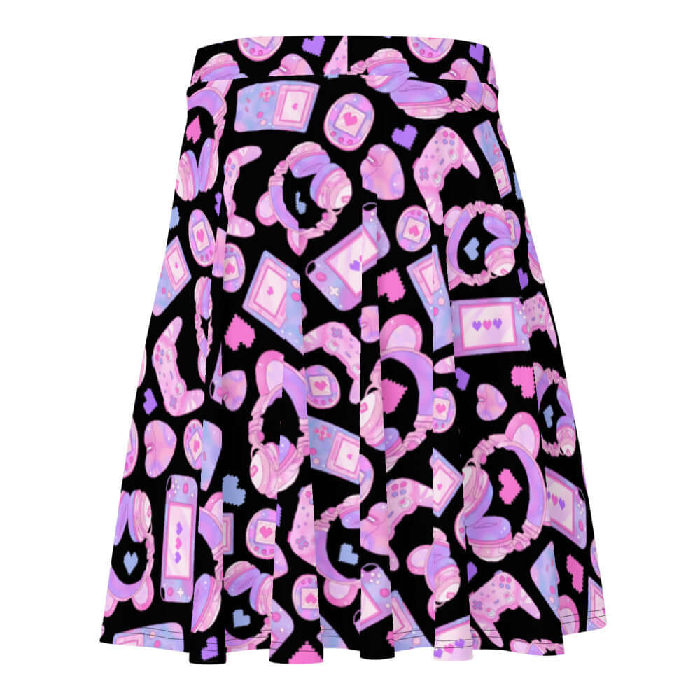 Gamer Girl Skater Skirt features playful 8-bit hearts and pastel gaming gear for a stylish, fun look. Perfect for gamers!