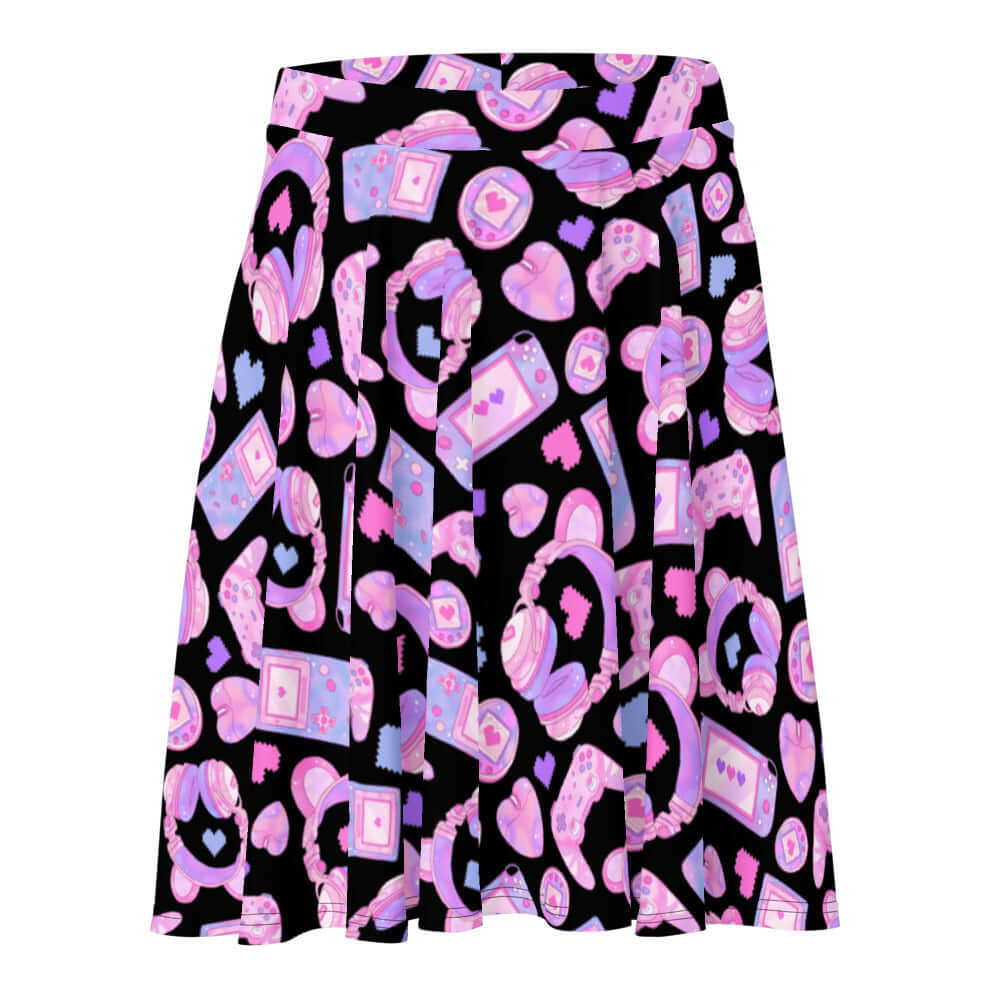 Gamer Girl Skater Skirt features playful 8-bit hearts and pastel consoles, perfect for any gaming enthusiast.