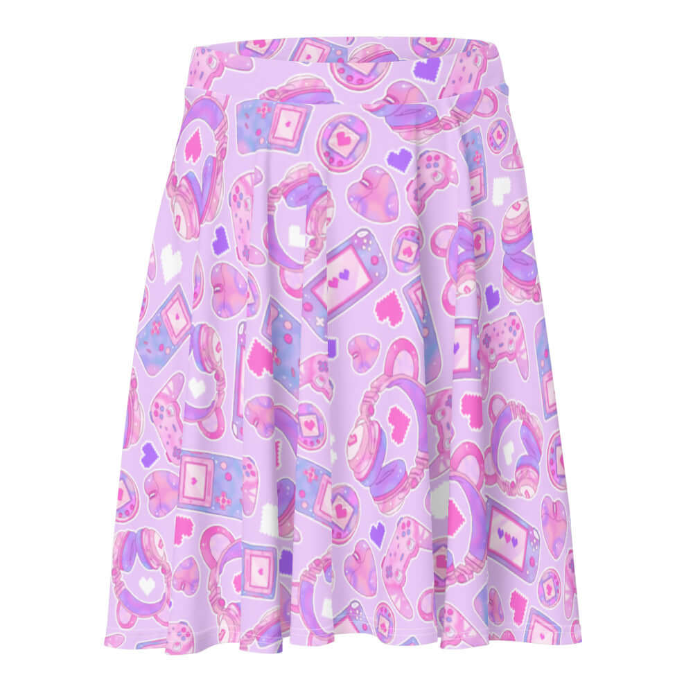 Gamer Girl Skater Skirt features playful 8-bit hearts and pastel gaming gear, perfect for every gaming enthusiast.